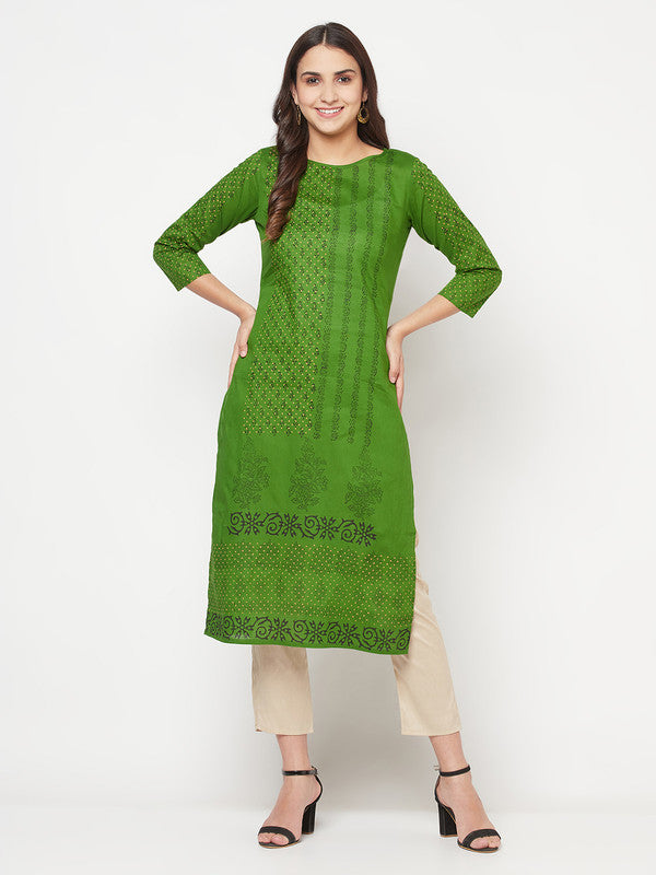 Women's Cotton Block print straight kurta,Gre