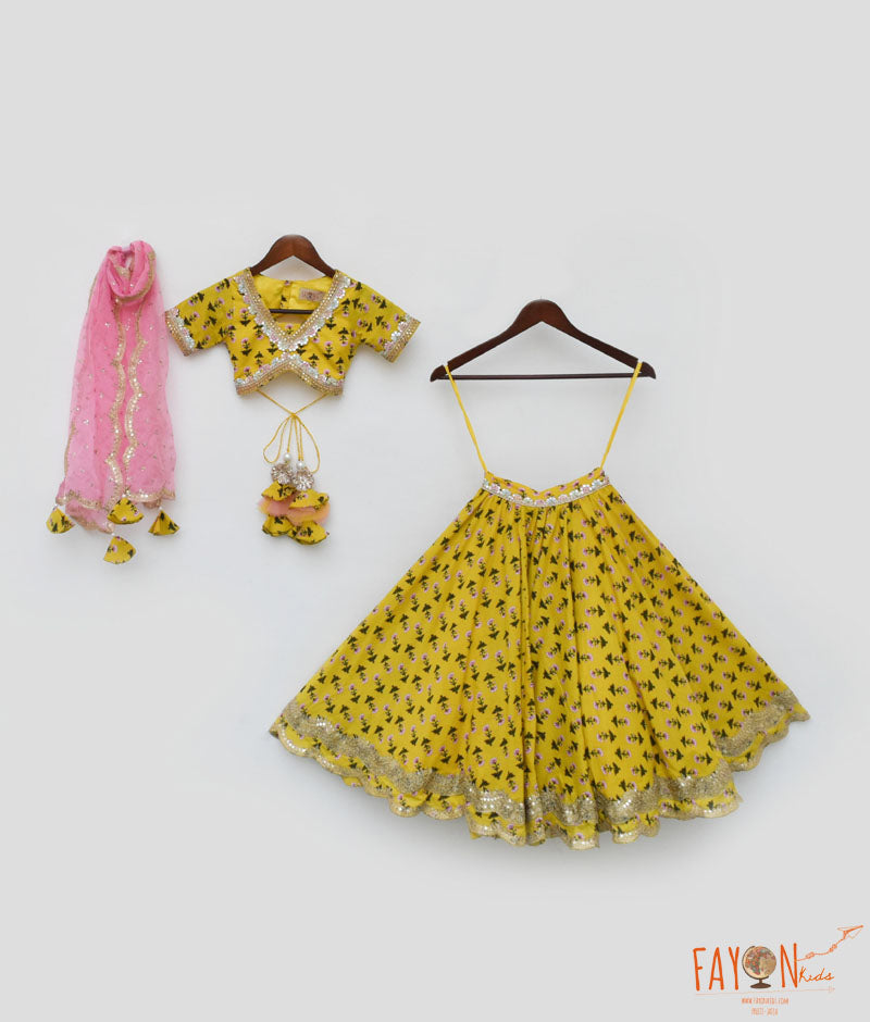 Girl's Yellow Printed Lehenga Choli And Organza Dupatta - Fayon Kids