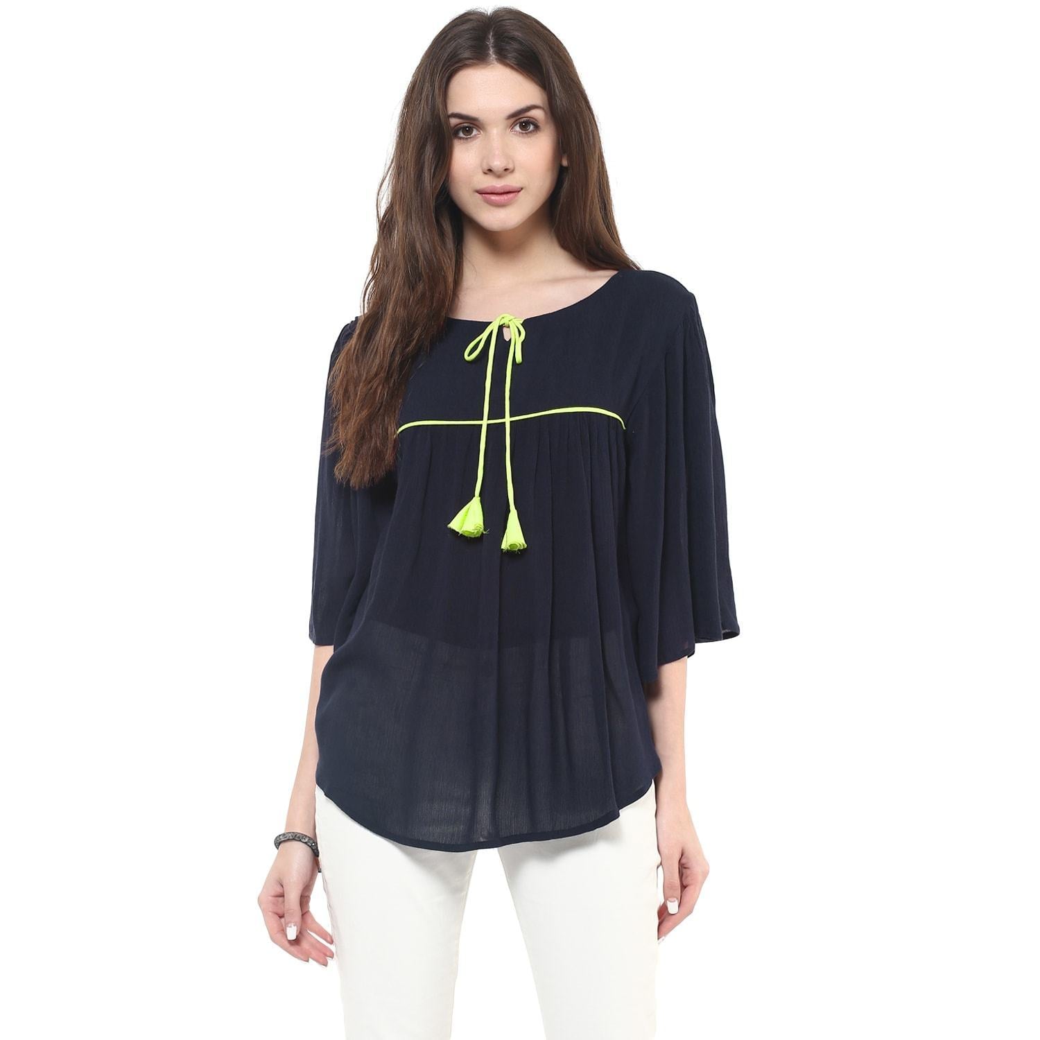 Women's Navy Flare Solid Top - Pannkh