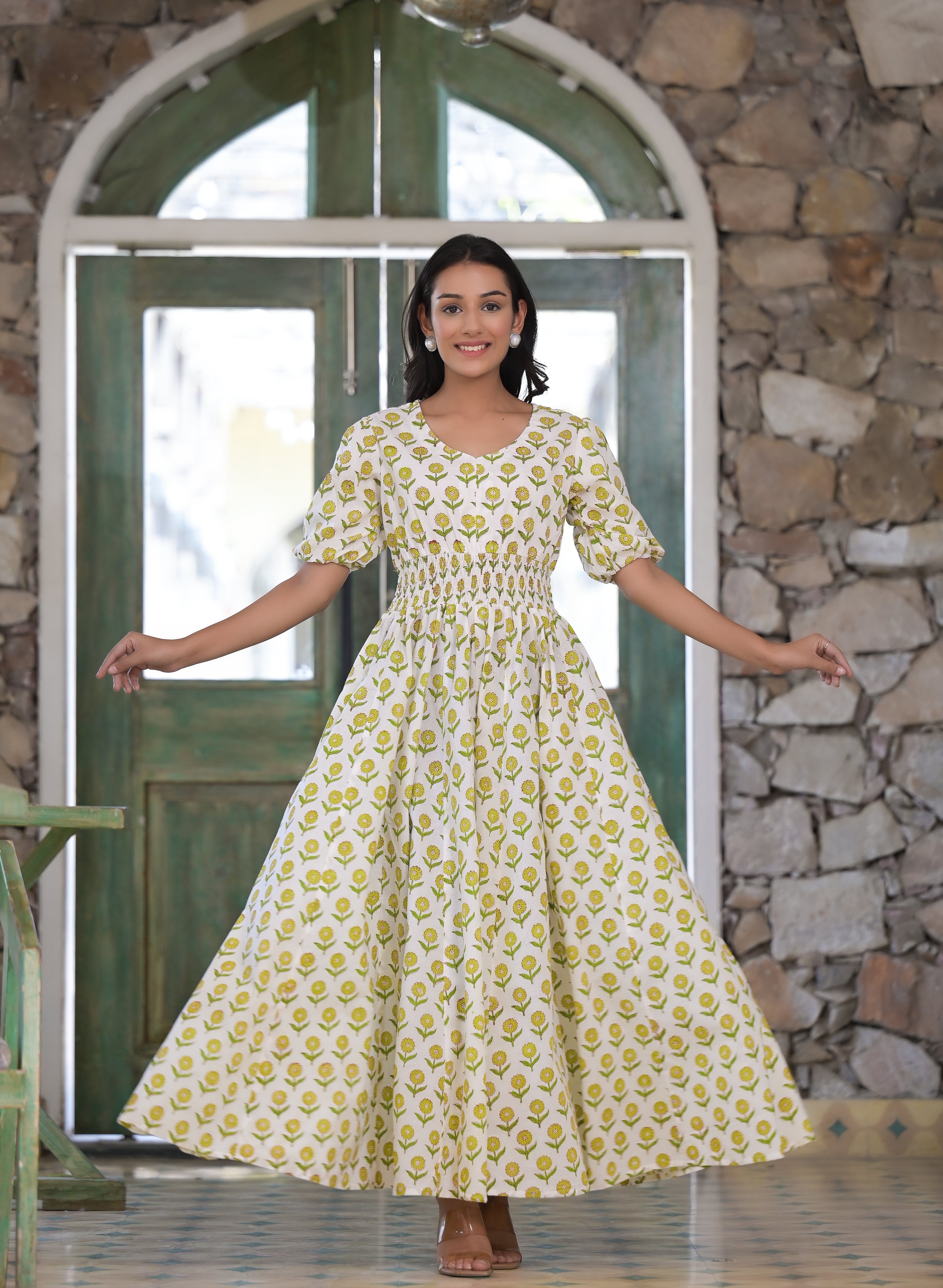 Women's White & Green Floral Hand Block Cotton Dress - Hatheli
