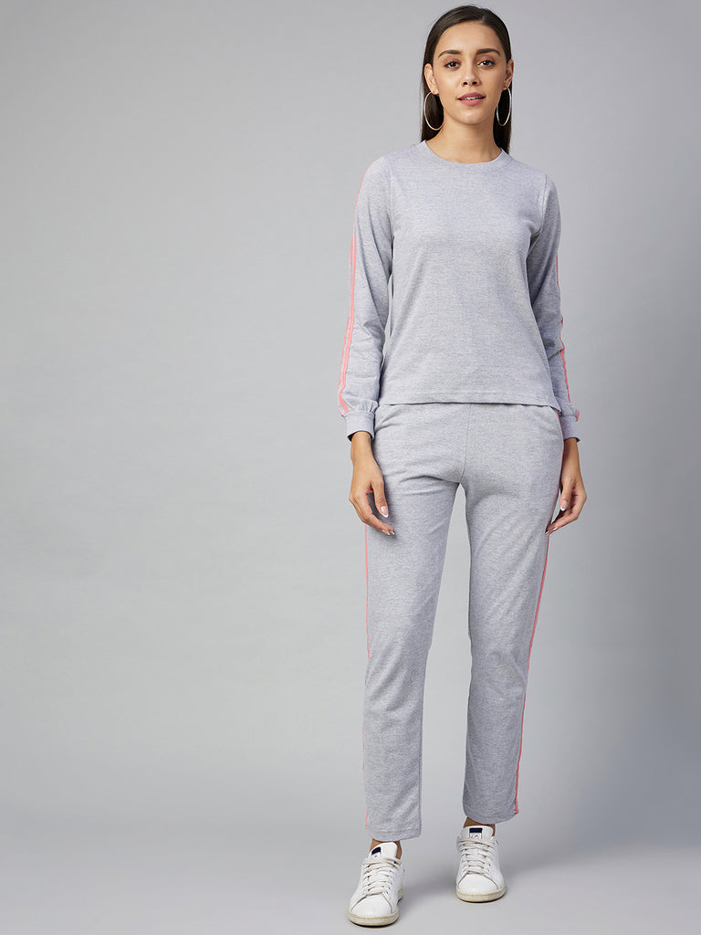 Women's Cotton Black Track Suit Set With Pink Stripe