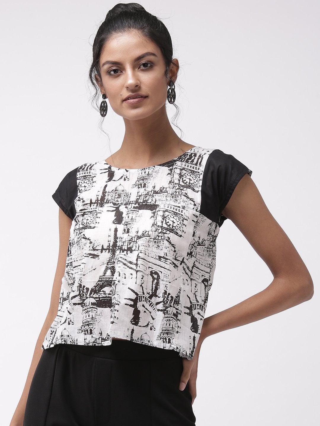 Women's Printed Top With Black Sleeves - InWeave