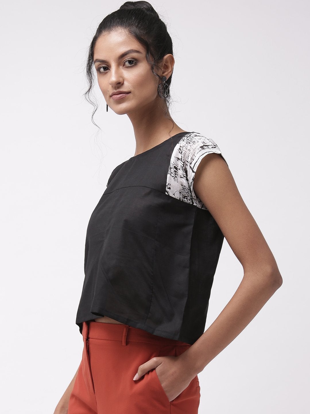 Women's Black Top With Printed Sleeve - InWeave