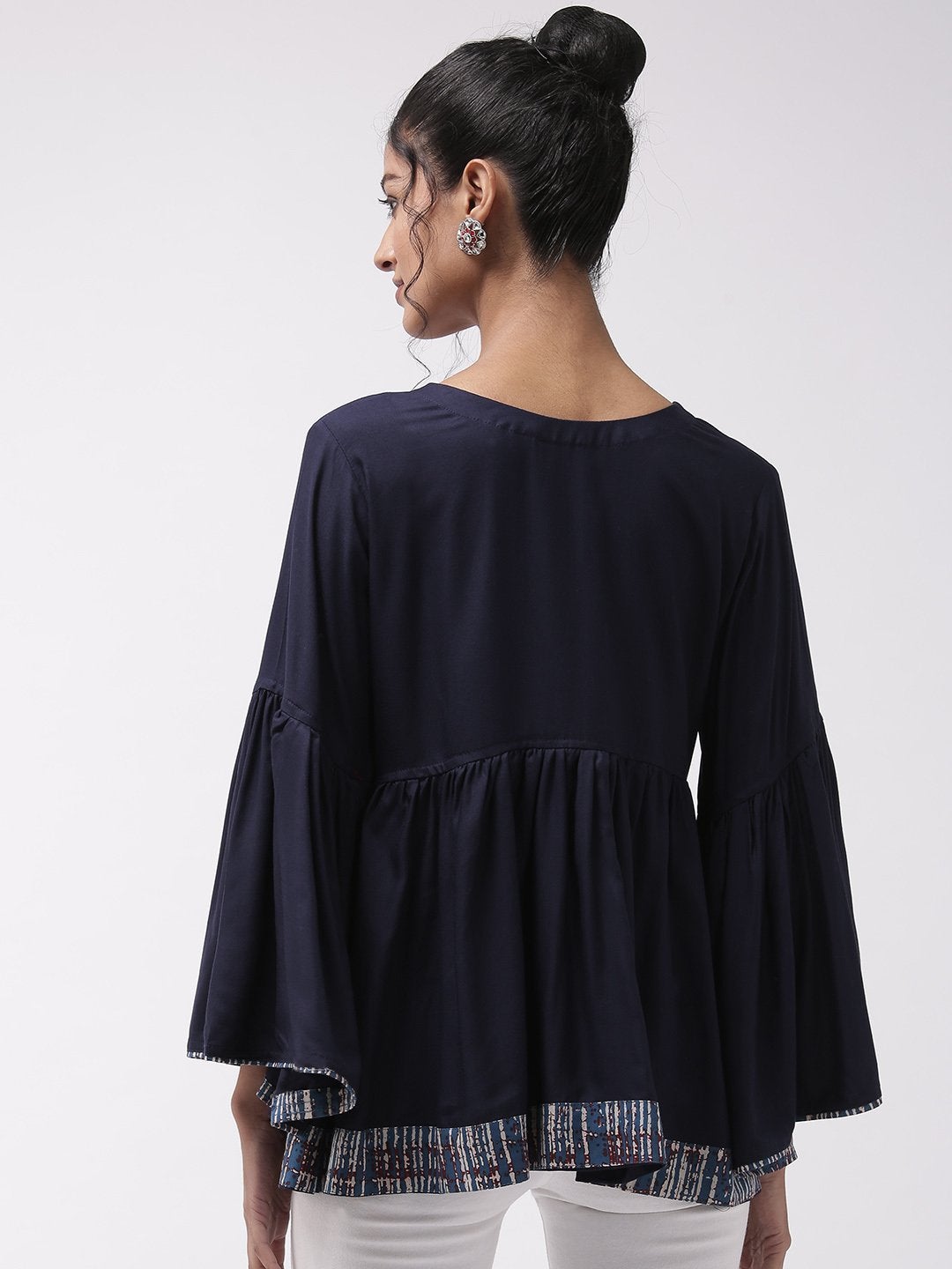 Women's Navy Blue Bell Sleeves Top With Border - InWeave