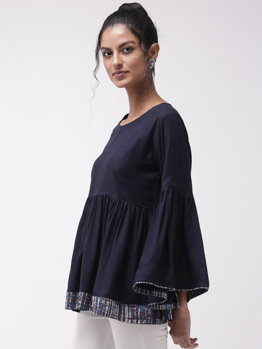 Women's Navy Blue Bell Sleeves Top With Border - InWeave