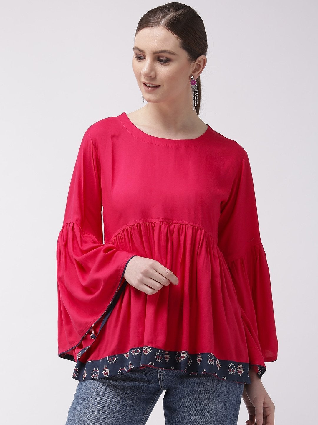 Women's Pink Bell Sleeves Top With Border - InWeave