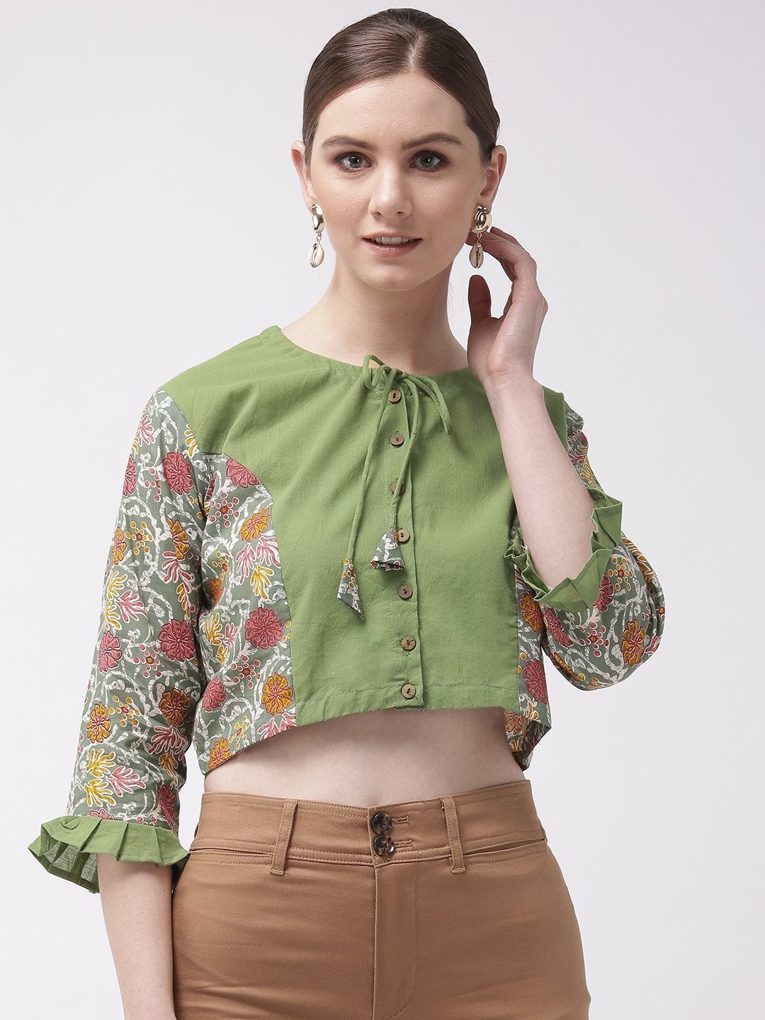 Women's Crop Top Green - Printed Sleeve - InWeave