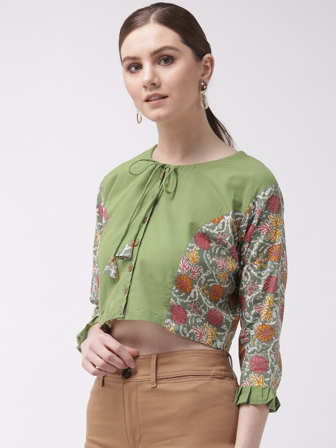 Women's Crop Top Green - Printed Sleeve - InWeave