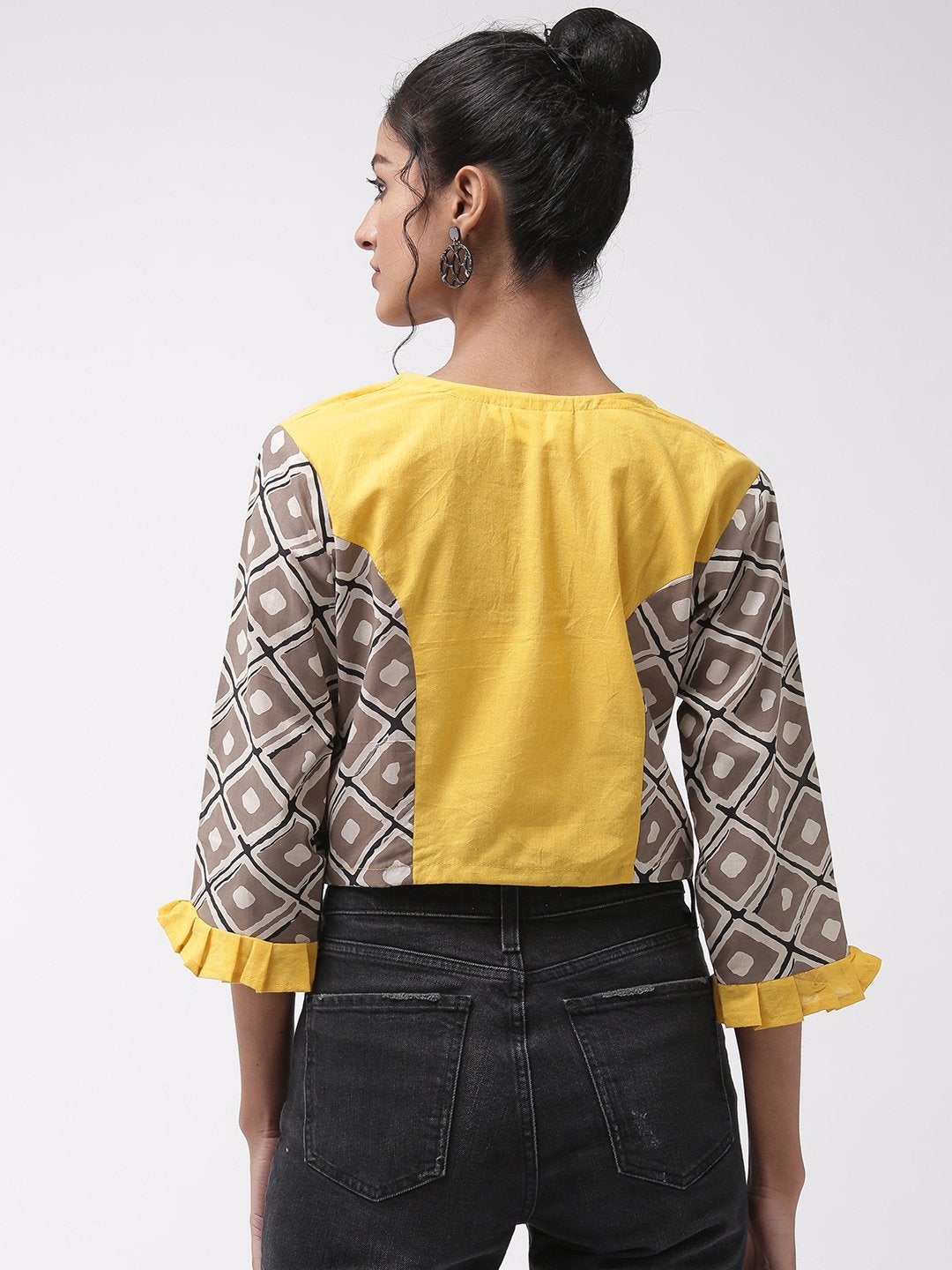 Women's Crop Top Yellow Printed Sleeve - InWeave