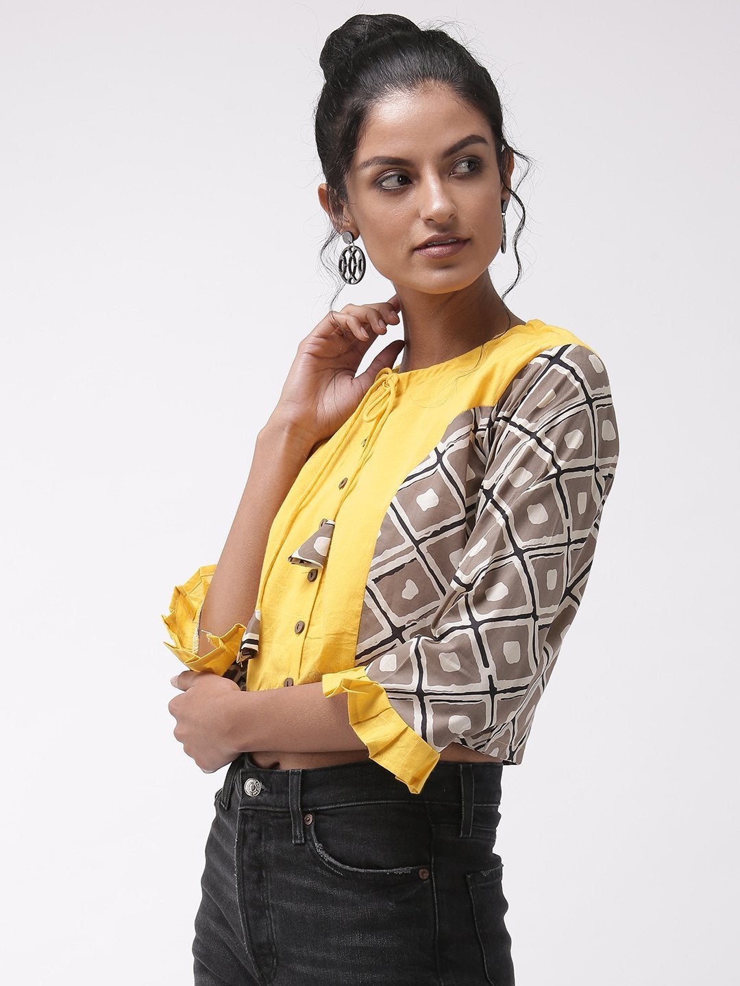 Women's Crop Top Yellow Printed Sleeve - InWeave