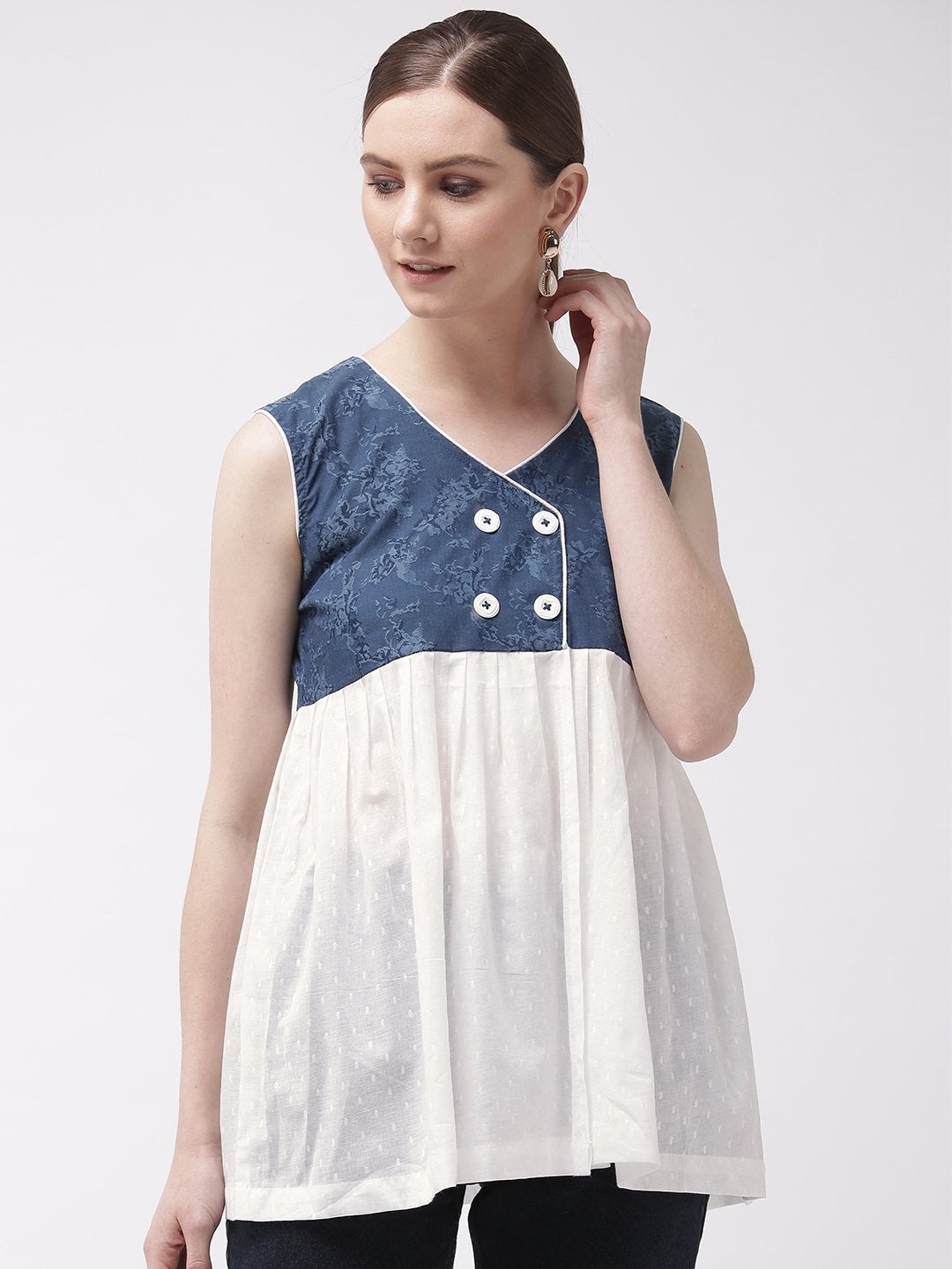 Women's Denim Blue & White Top With Buttons - InWeave