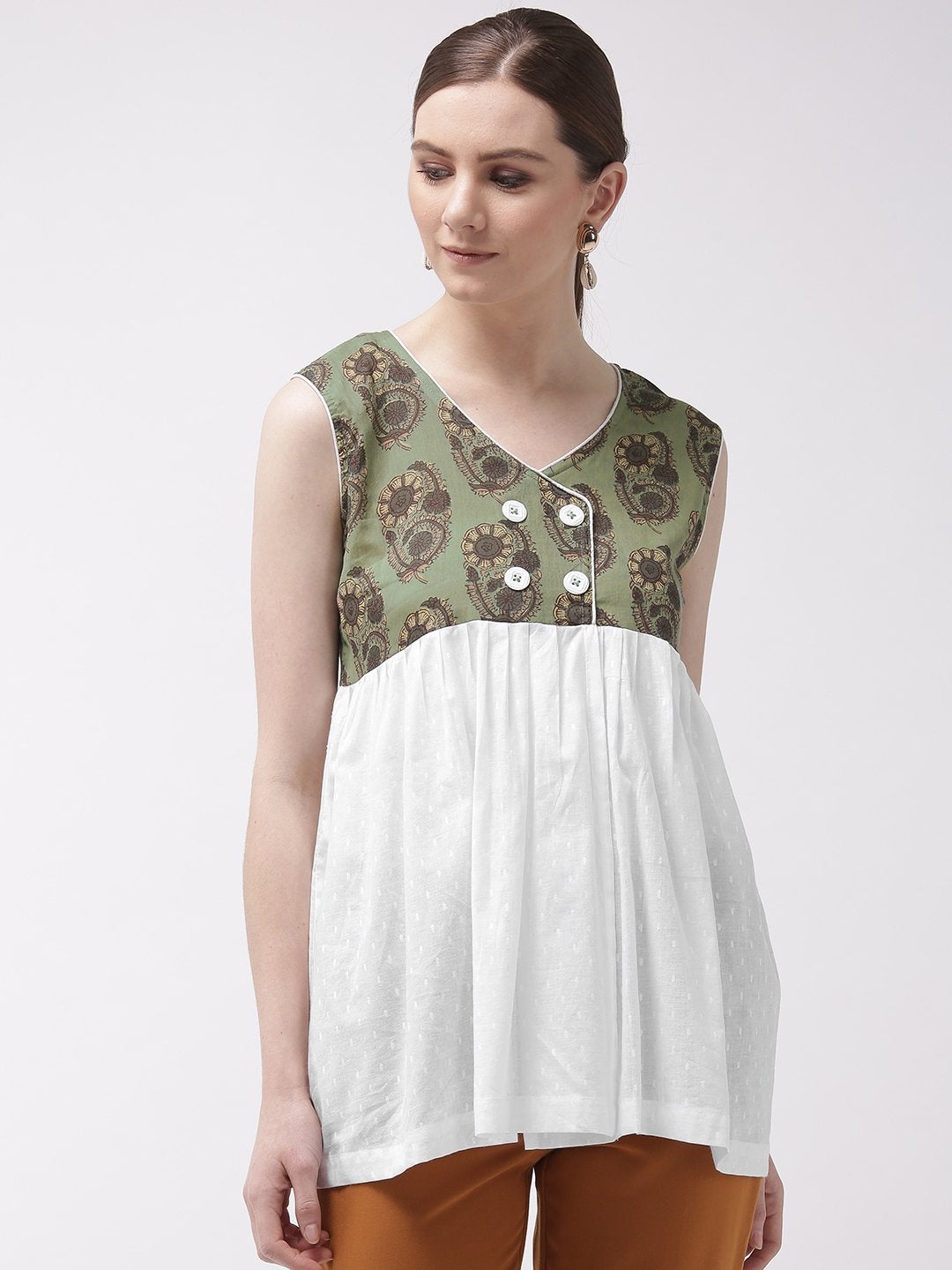 Women's Green Colour Top With Buttons - InWeave