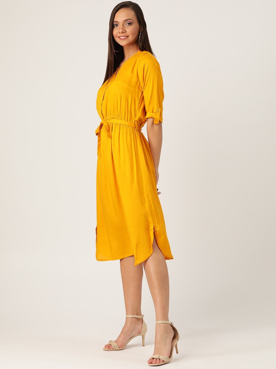 Women's Mustard Dress With Belt - InWeave
