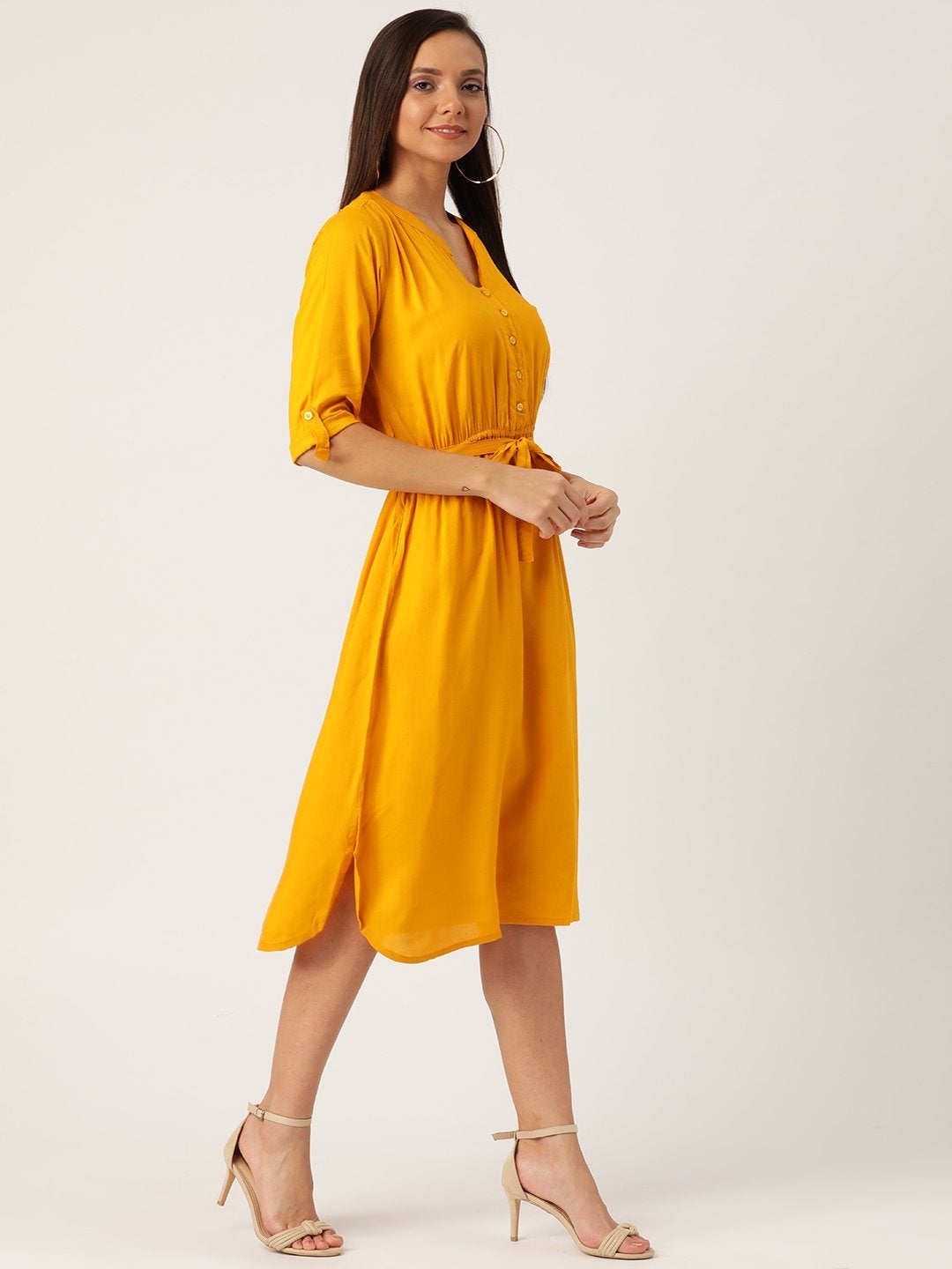 Women's Mustard Dress With Belt - InWeave