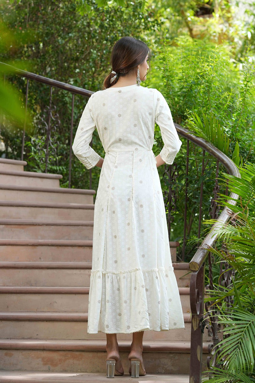 Women's  Off-White Rayon Festive Wear Embroidered A-Line Long Dress - Juniper