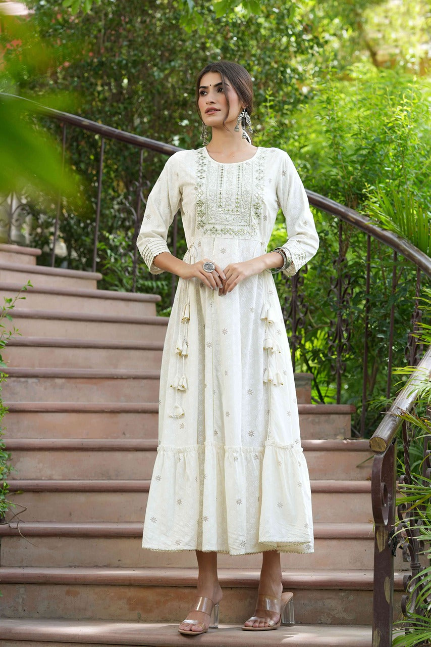 Women's  Off-White Rayon Festive Wear Embroidered A-Line Long Dress - Juniper