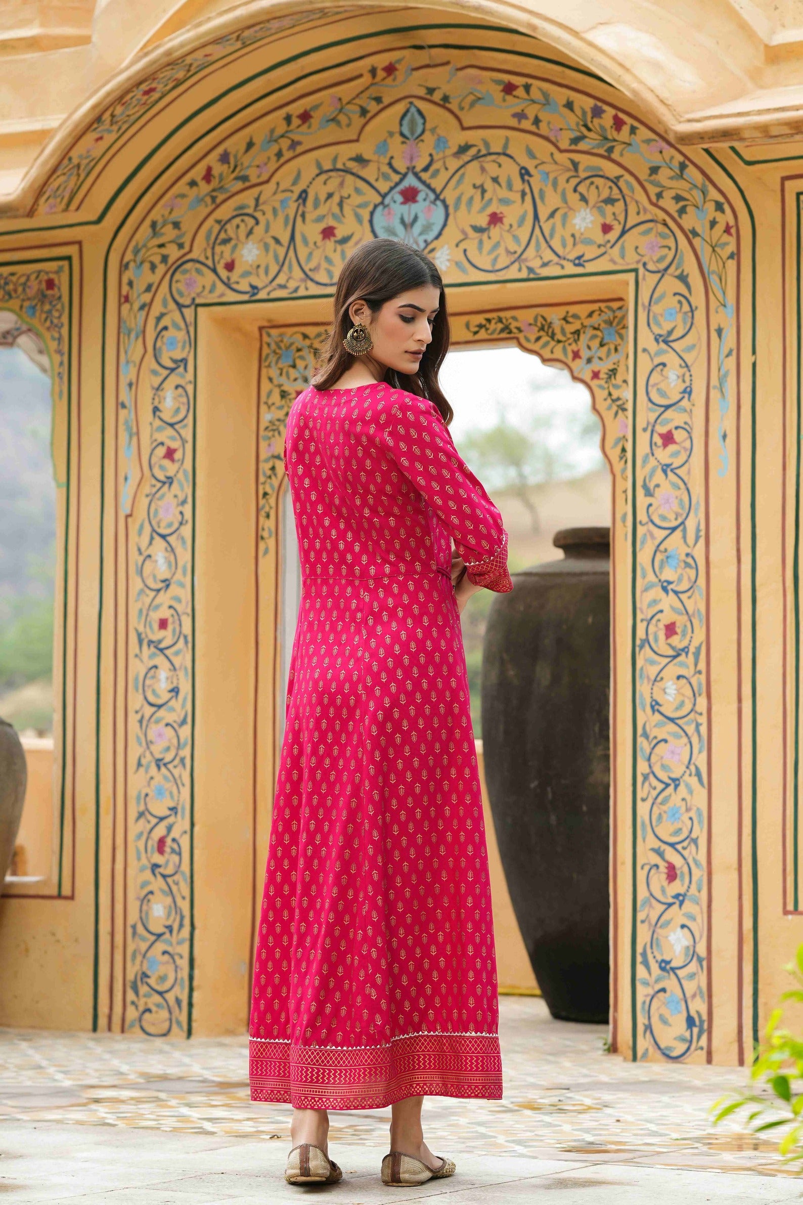 Women's  Fuchsia Rayon Festive Wear Foil Printed A-Line Long Dress - Juniper