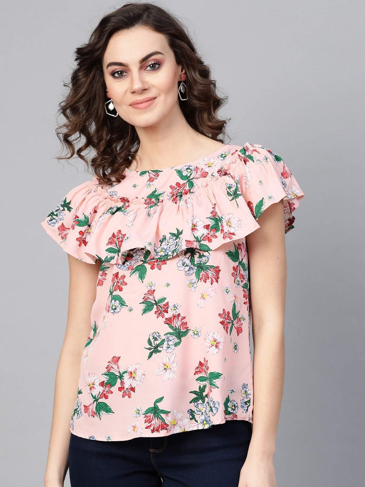 Women's Floral Top With Gathered Neck Flare - Pannkh
