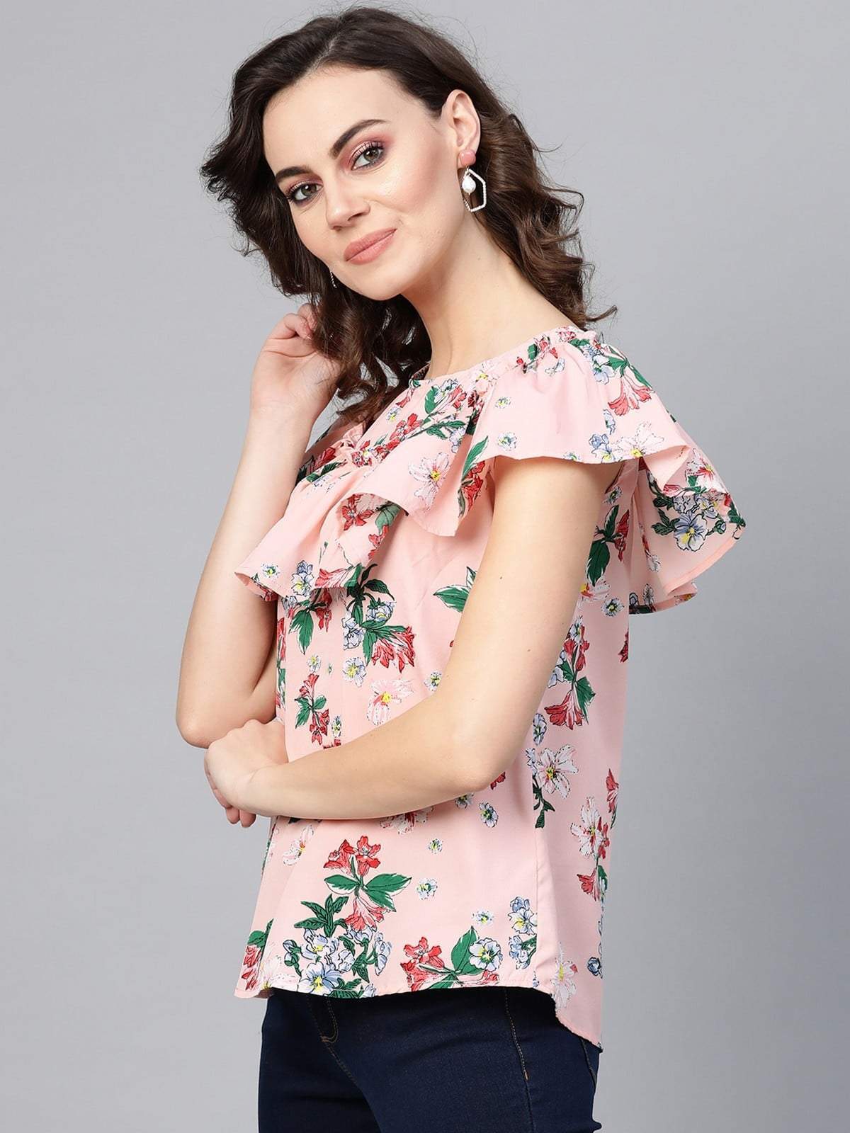 Women's Floral Top With Gathered Neck Flare - Pannkh