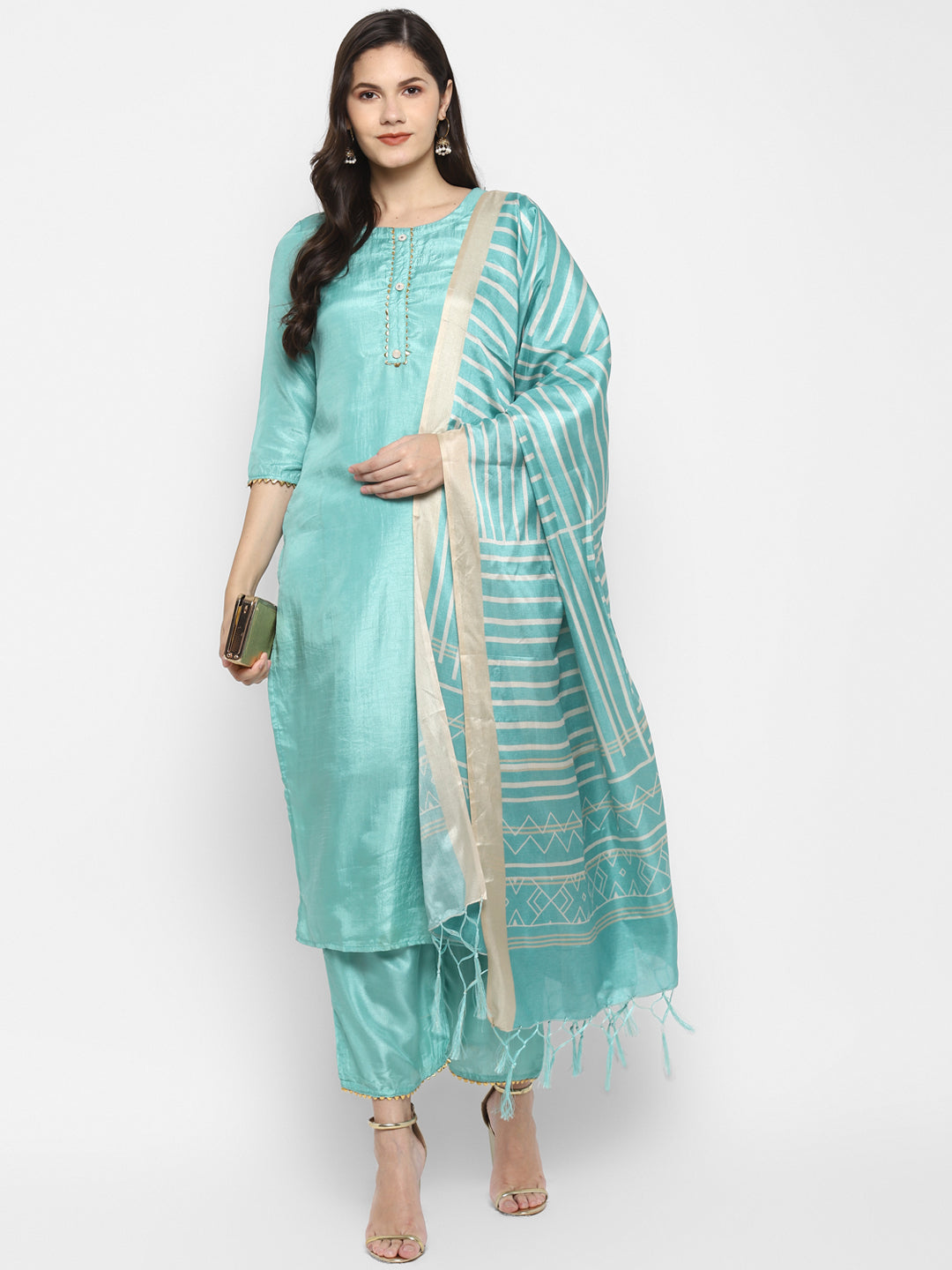 Women's Rama Color Silk Blend Straight Kurta Palazzo With Dupatta - VAABA