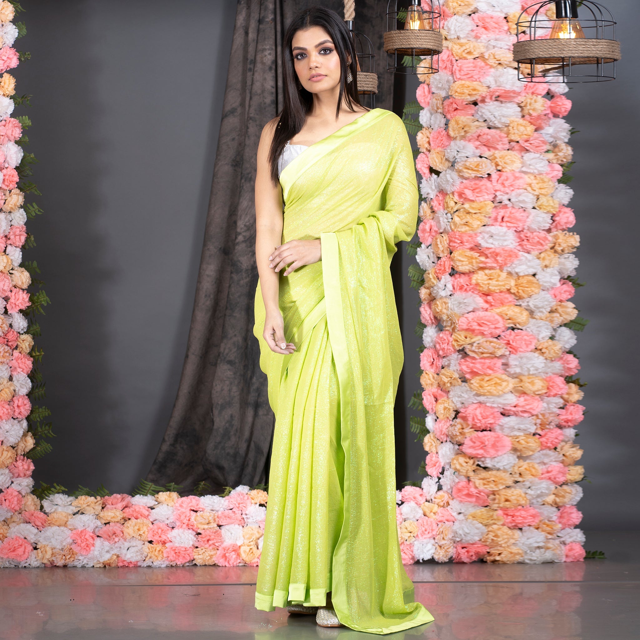 Women's Lime Green Lurex Georgette Saree With Border - Boveee