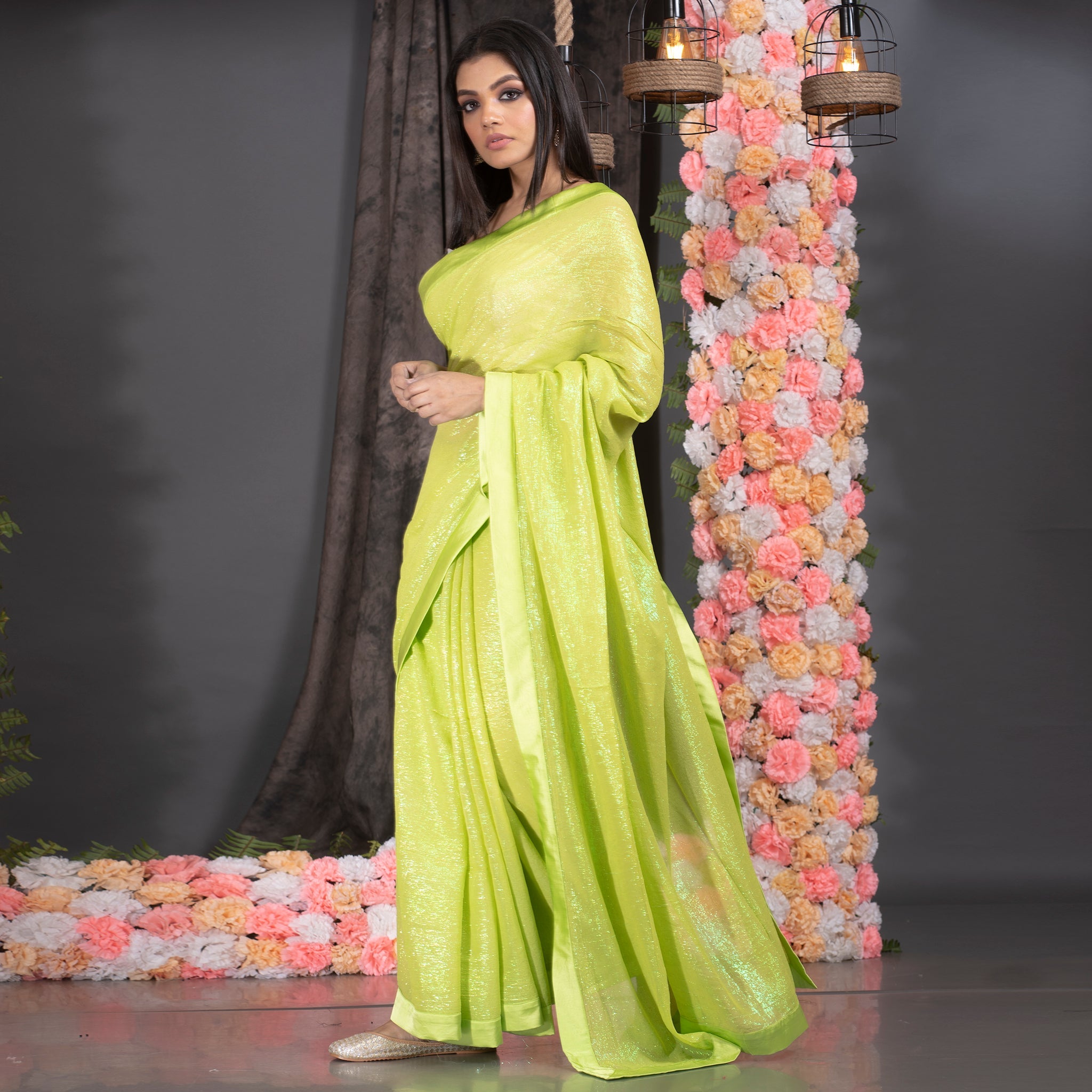 Women's Lime Green Lurex Georgette Saree With Border - Boveee
