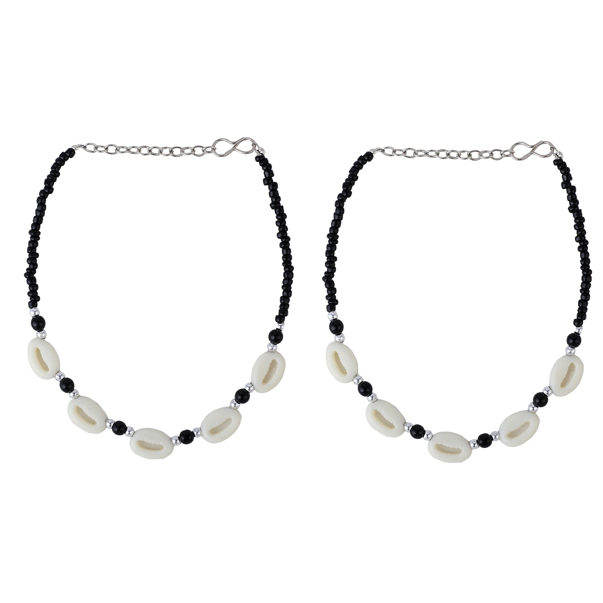 Women's Set Of 2 White Sea Shell And Black Beaded Hand Crafted Anklets - Anikas Creation
