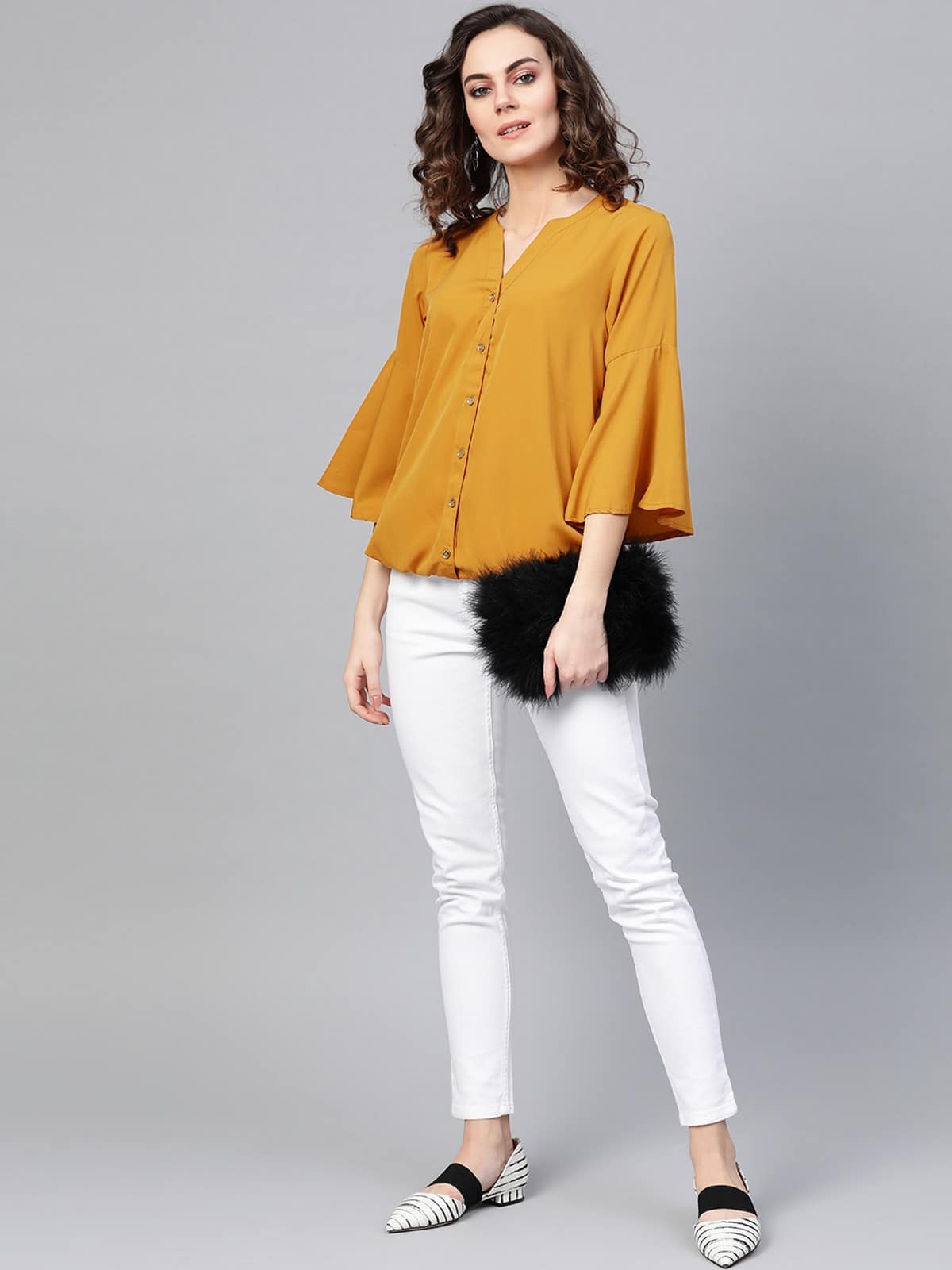 Women's Solid Shirt Balloon Top With Huge Bell Sleeves - Pannkh