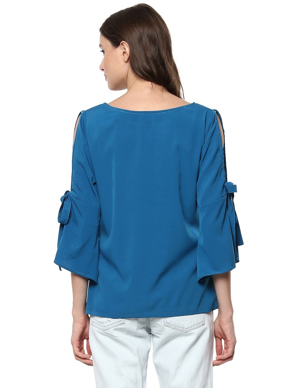 Women's Solid Top With Slit Tie-Up Bell Sleeves - Pannkh