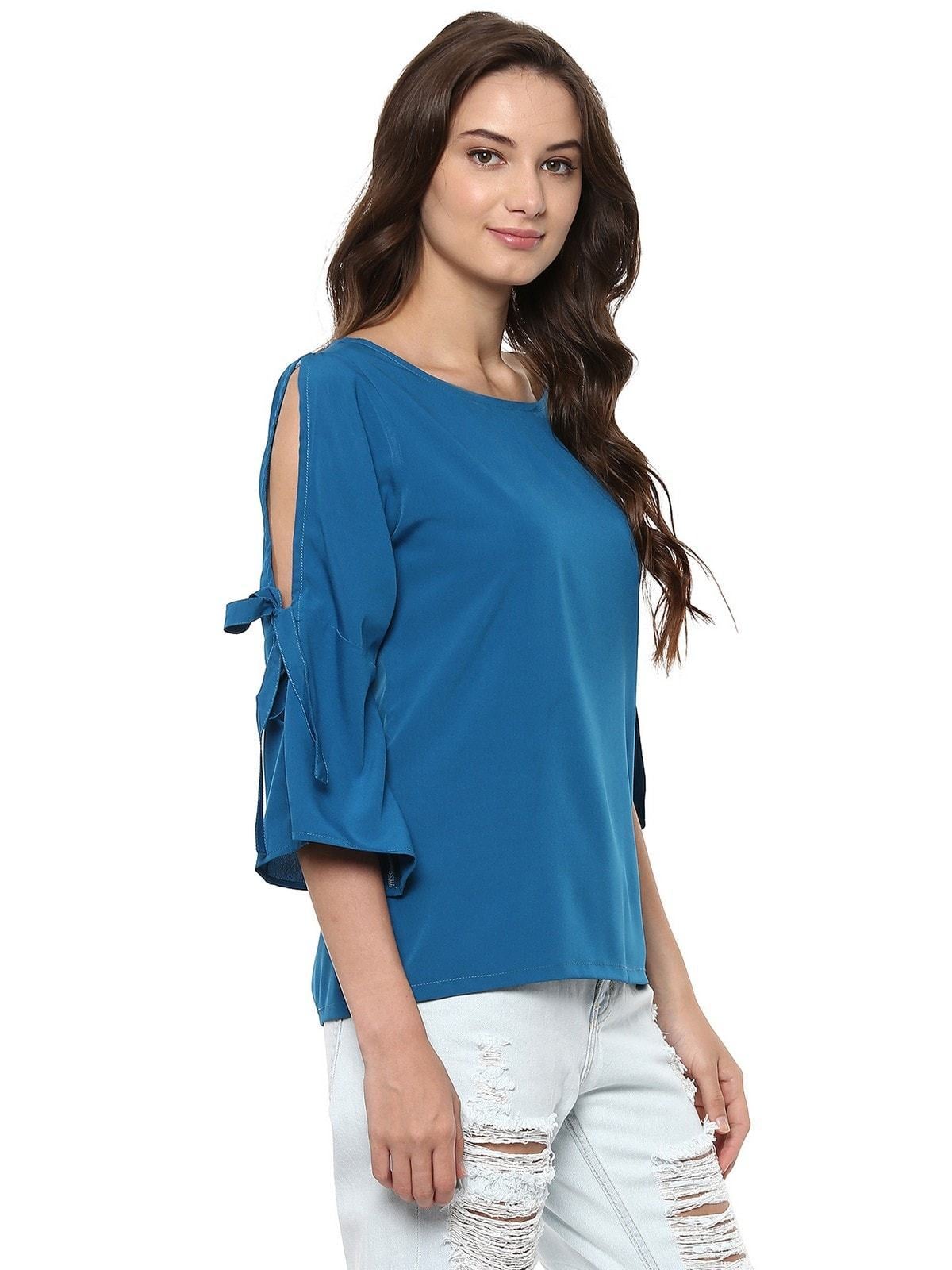 Women's Solid Top With Slit Tie-Up Bell Sleeves - Pannkh