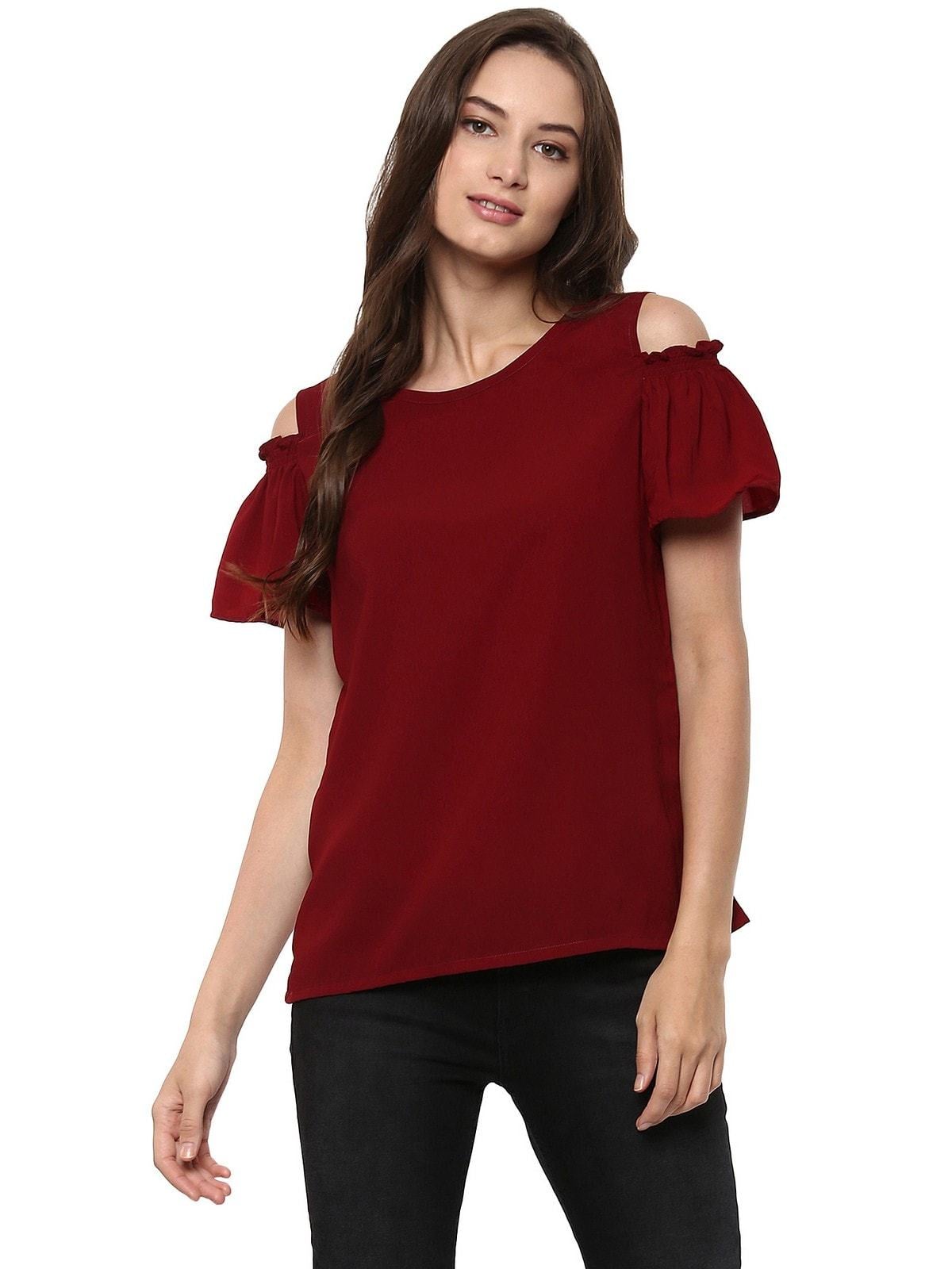 Women's Solid Top With Smoking Cold-Shoulder - Pannkh