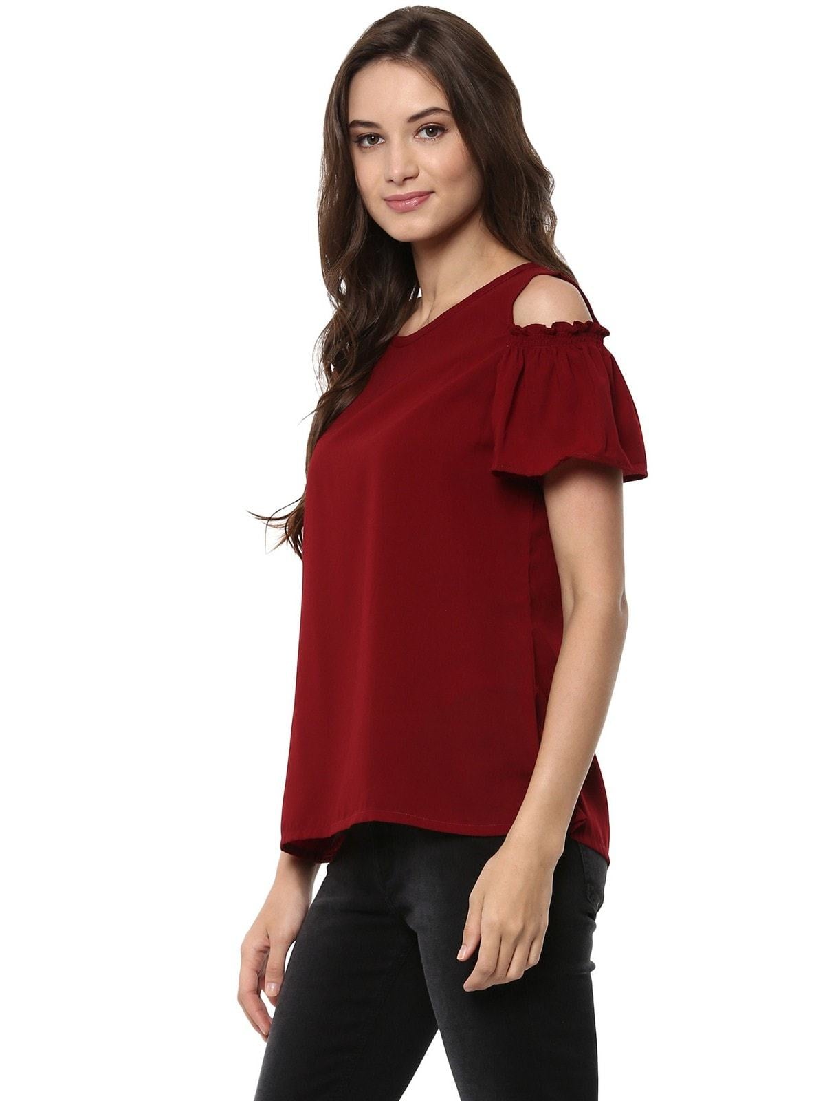 Women's Solid Top With Smoking Cold-Shoulder - Pannkh
