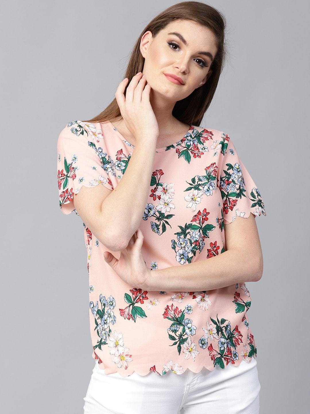 Women's Peach Floral Scalloped Top - Pannkh