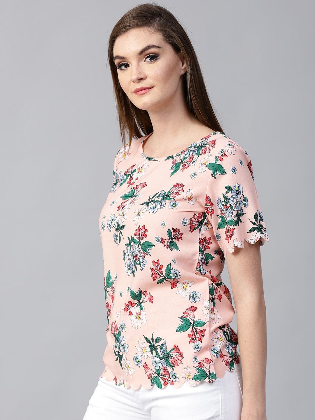 Women's Peach Floral Scalloped Top - Pannkh