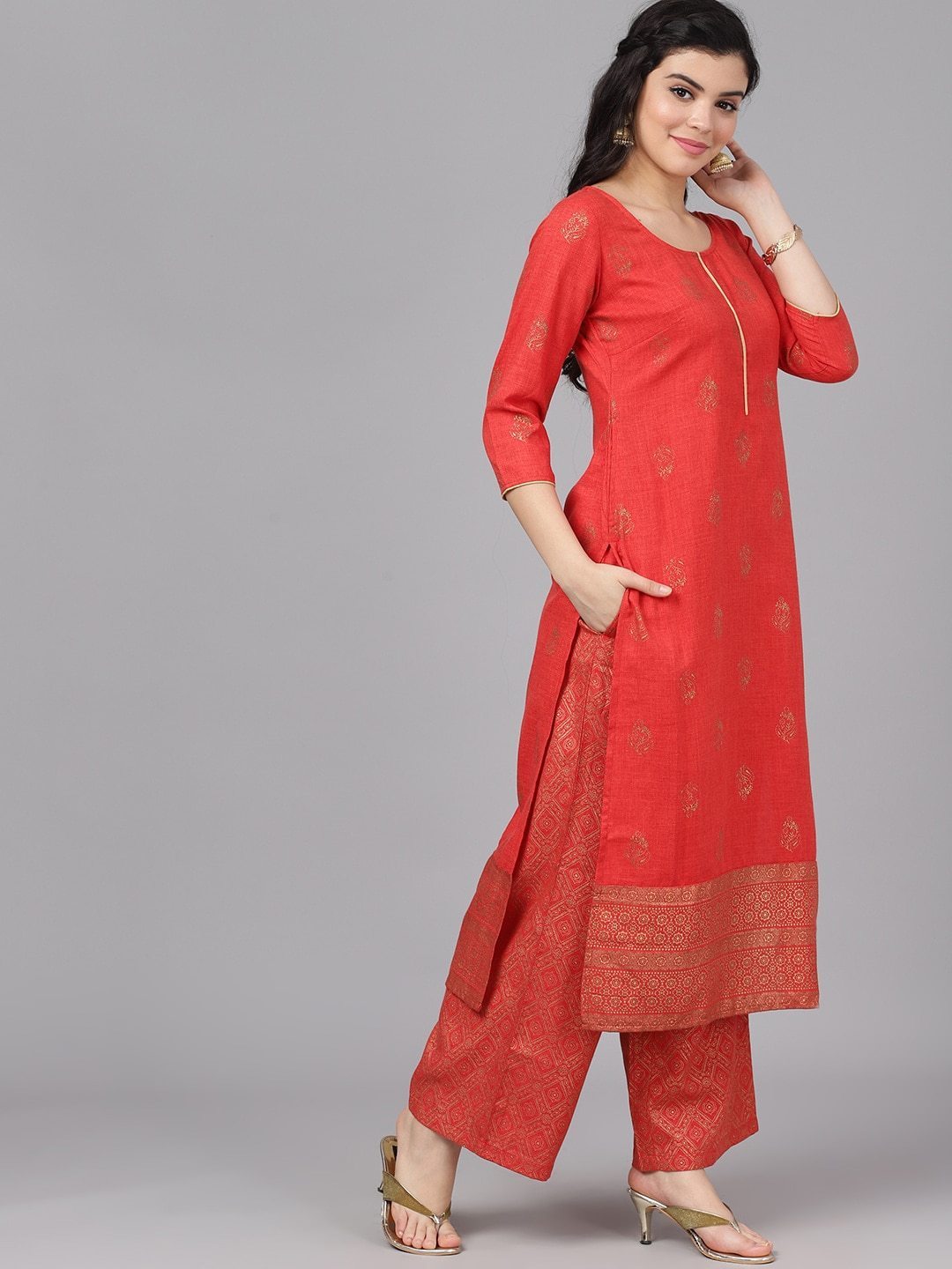 Women's  Red & Gold-Toned Printed Kurta with Palazzos - AKS