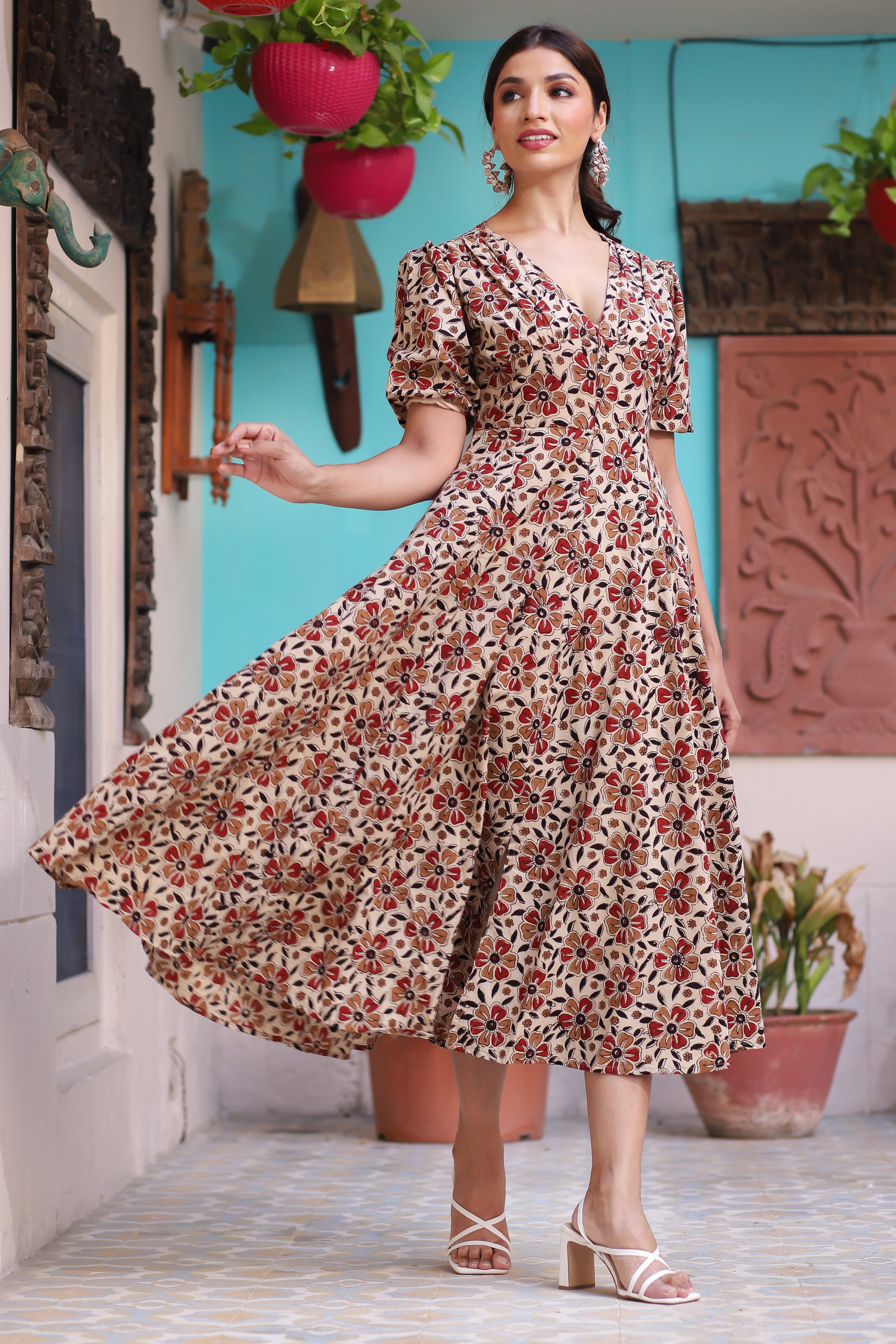 Women's Bold & Bright Floral Beige Hand Block Cotton Dress - Hatheli
