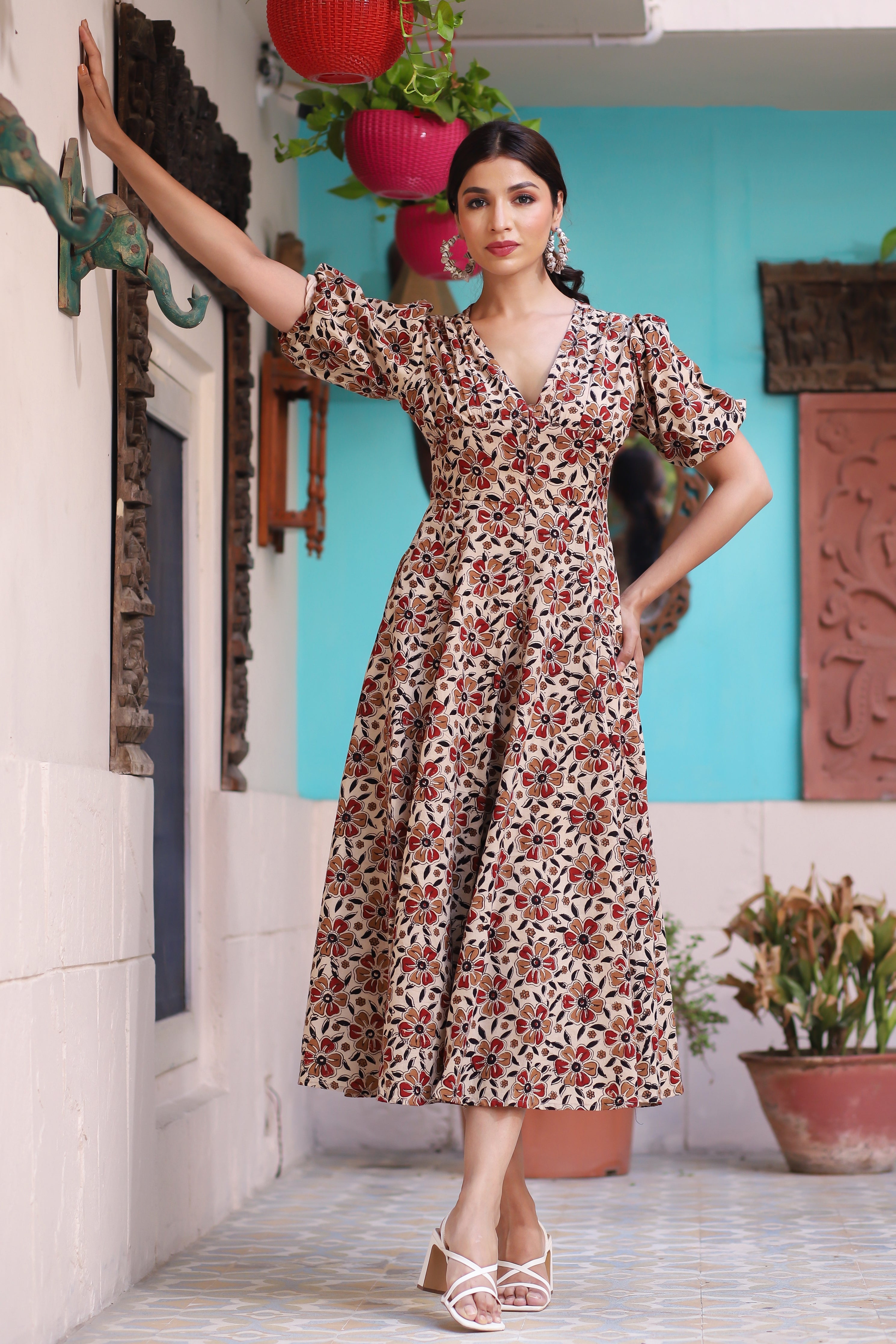 Women's Bold & Bright Floral Beige Hand Block Cotton Dress - Hatheli
