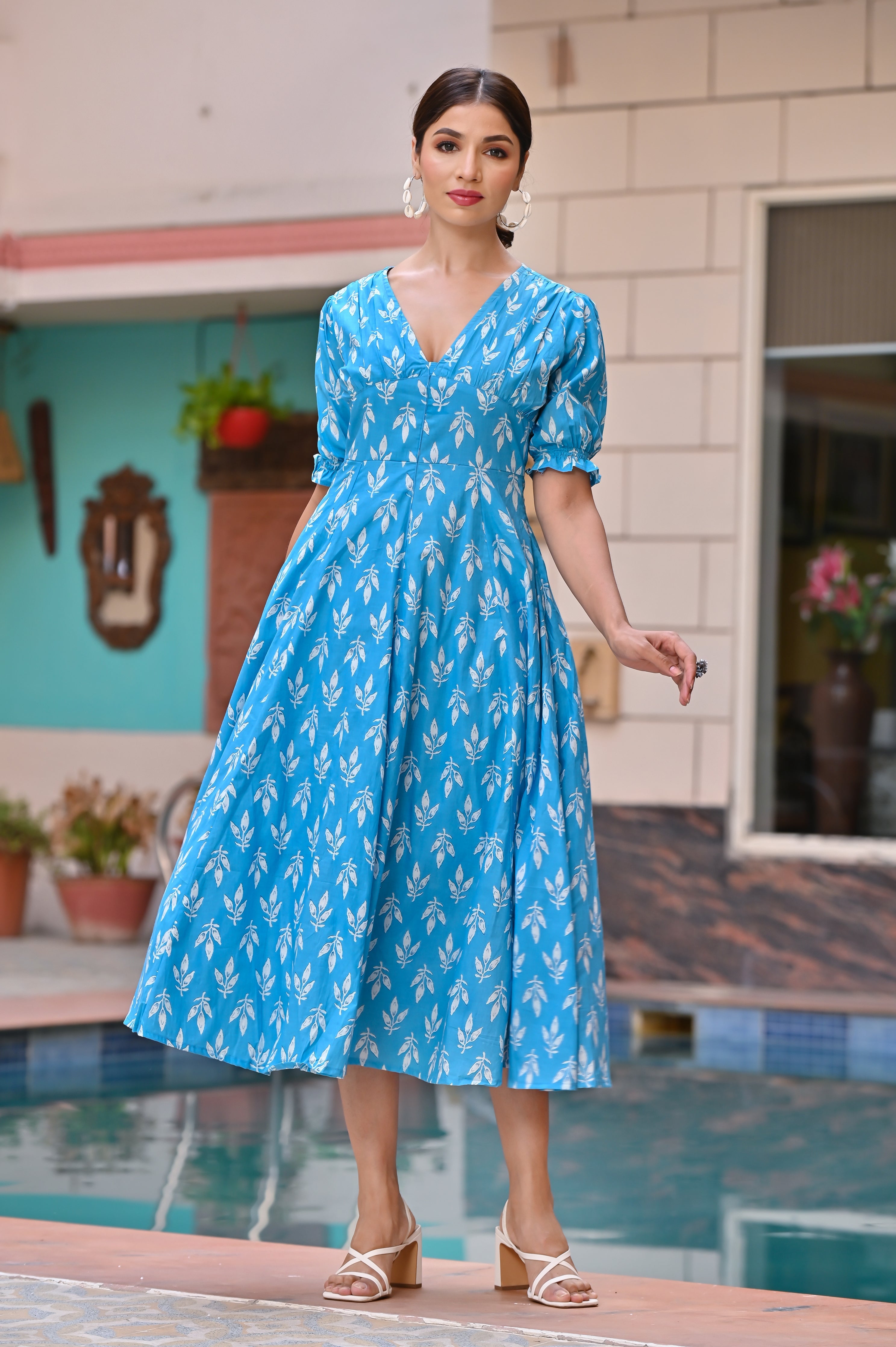 Women's Azure Blue Classy Cotton Dress - Hatheli