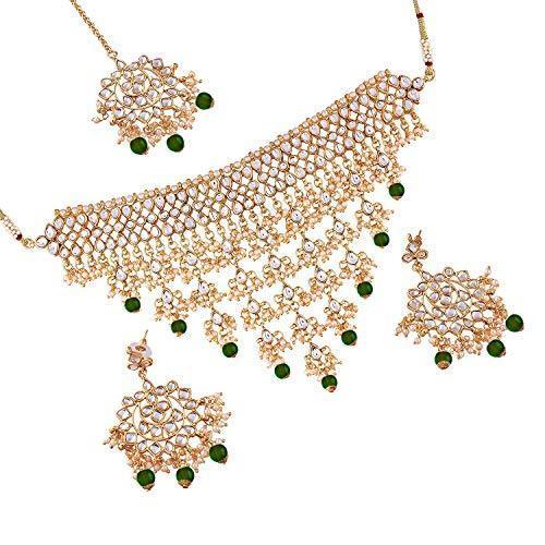 Women's Gold Plated Green Kundan & Pearl Studded Choker Necklace Set with Earrings & Maang Tikka - i jewels