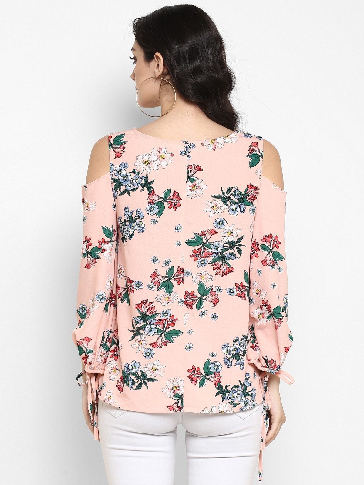 Women's Peach Floral Cold Shoulder Top With Tie-up At Sleeves - Pannkh