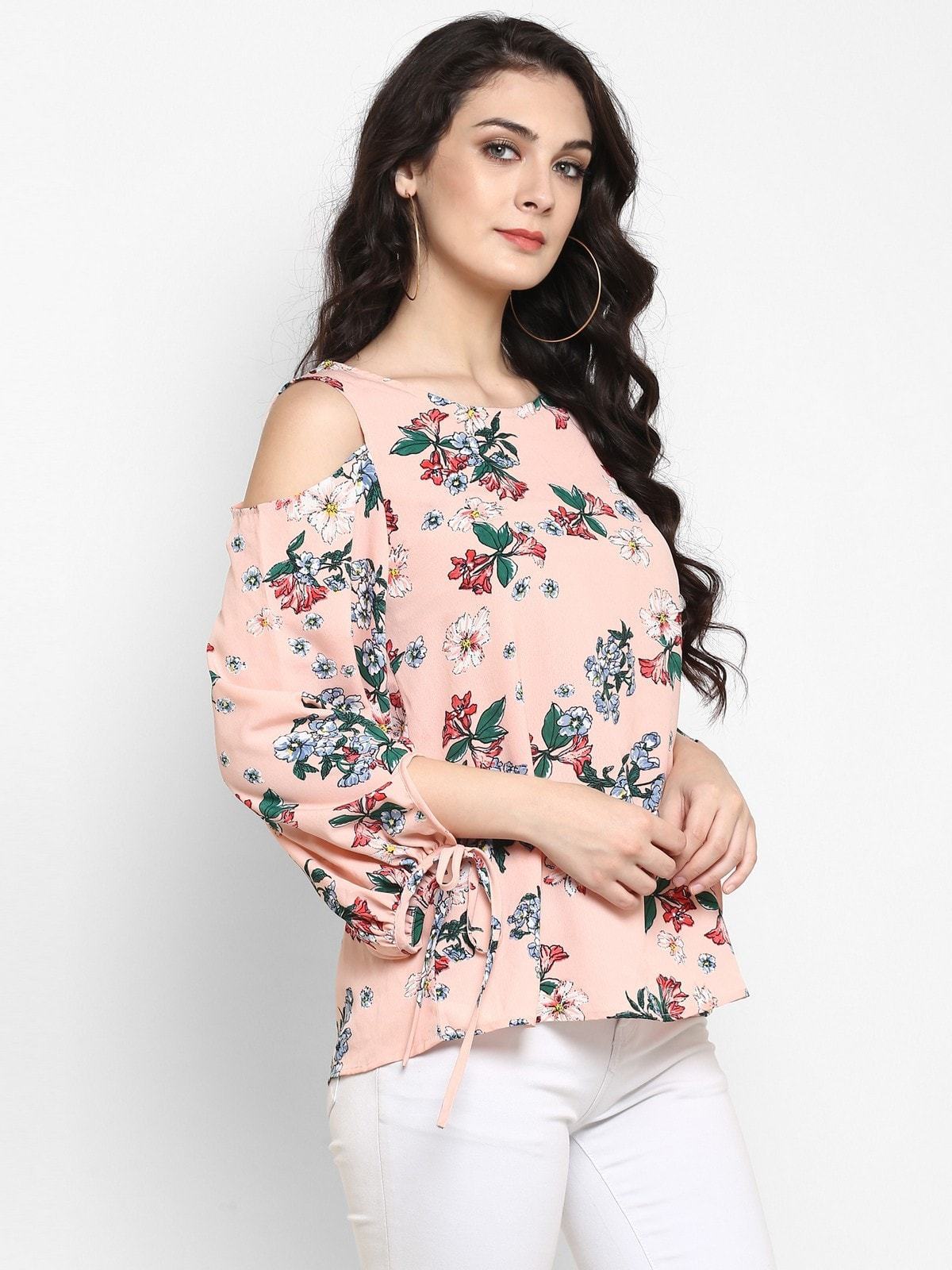 Women's Peach Floral Cold Shoulder Top With Tie-up At Sleeves - Pannkh