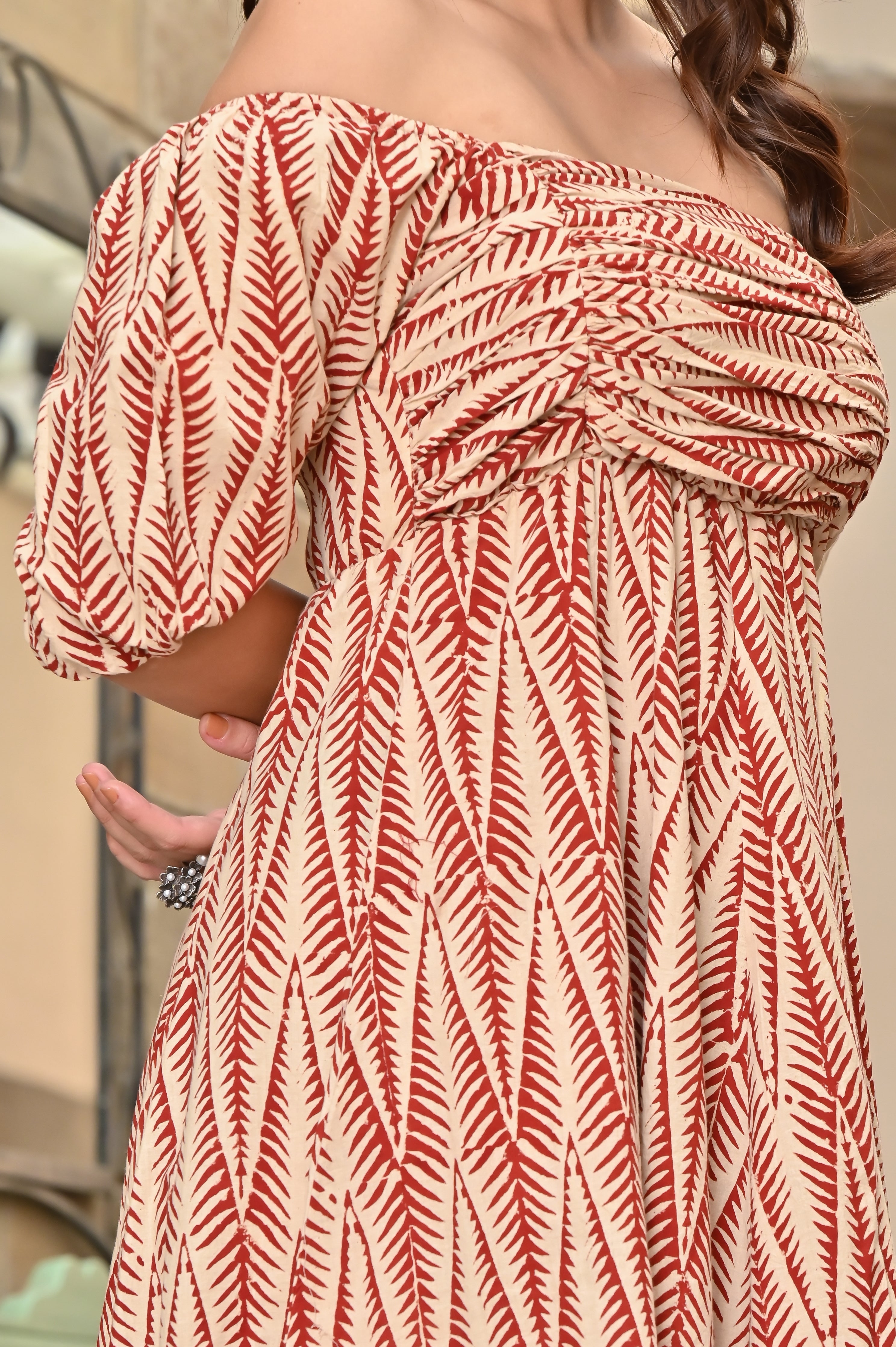 Women's Beige & Brown Spikes Cotton Hand Block Dress - Hatheli