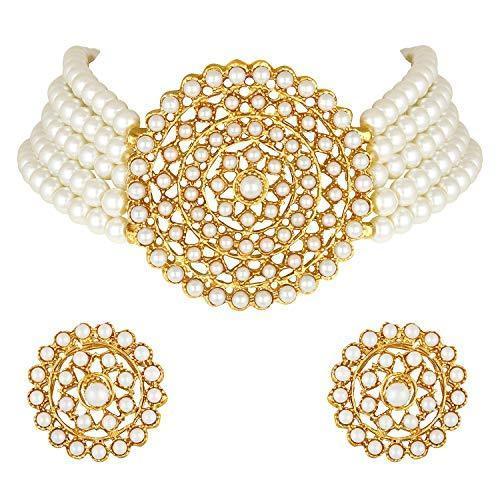 Women's Gold Plated White Light Weight Pearl Beaded Choker Necklace Set - i jewels