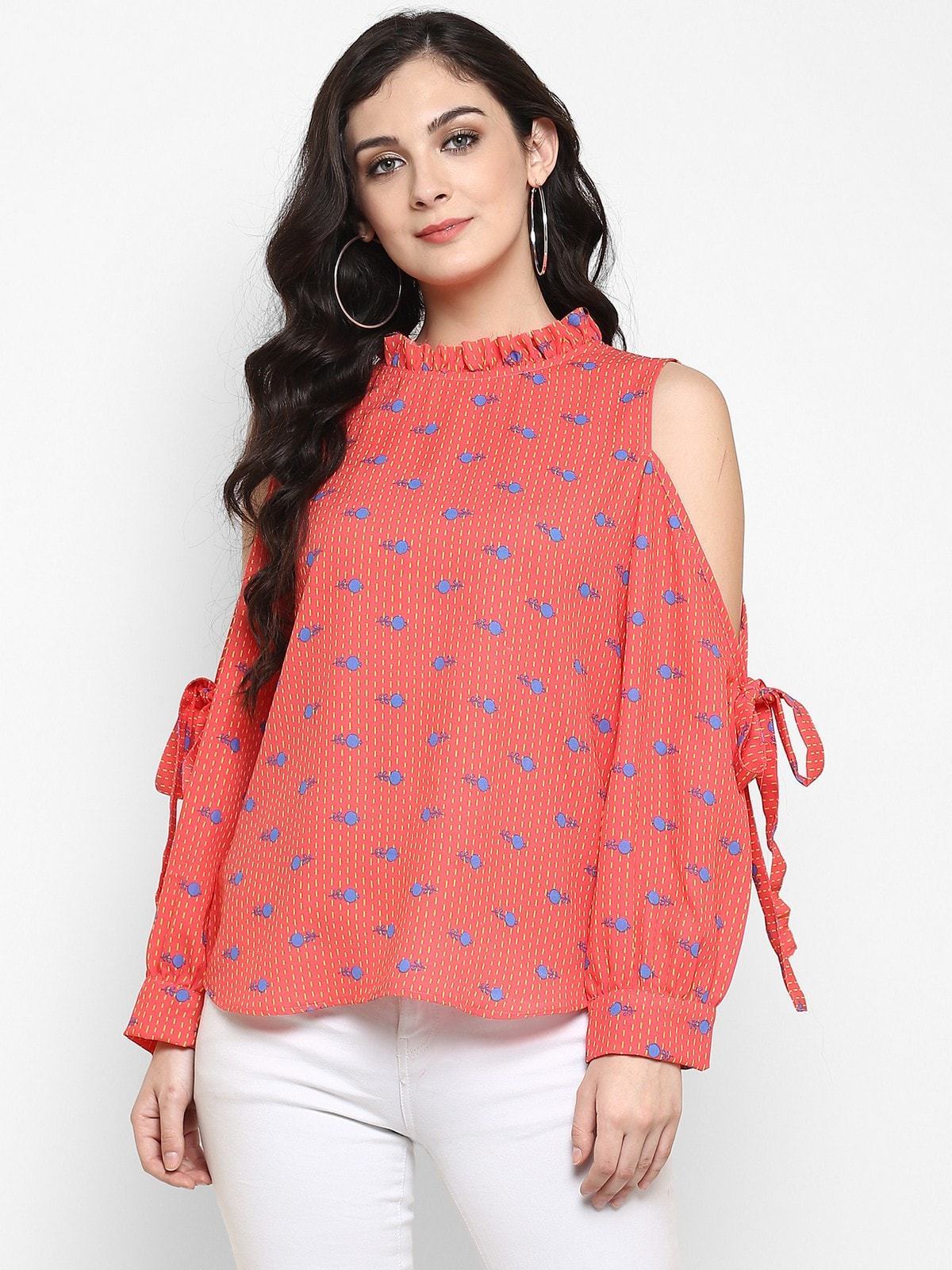Women's Printed Cold Shoulder Ruffle Top - Pannkh