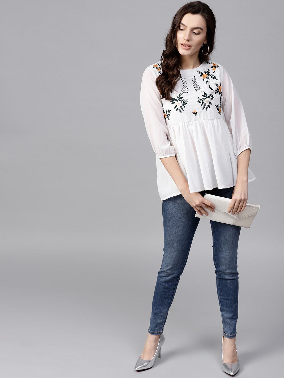 Women's White Floral Embroidered Sheer Top - Pannkh