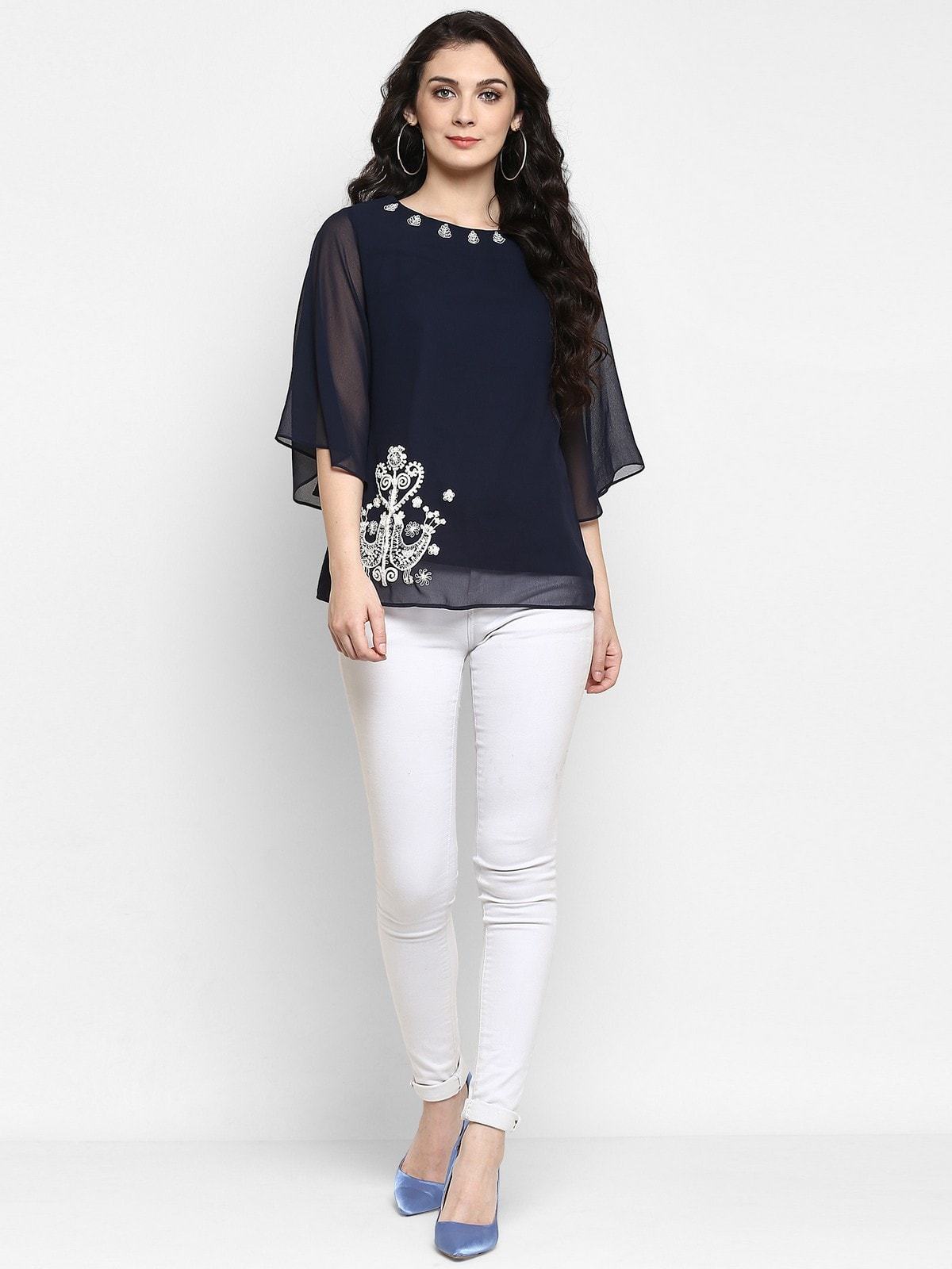 Women's Navy Blue Embroidered Sheer Top - Pannkh