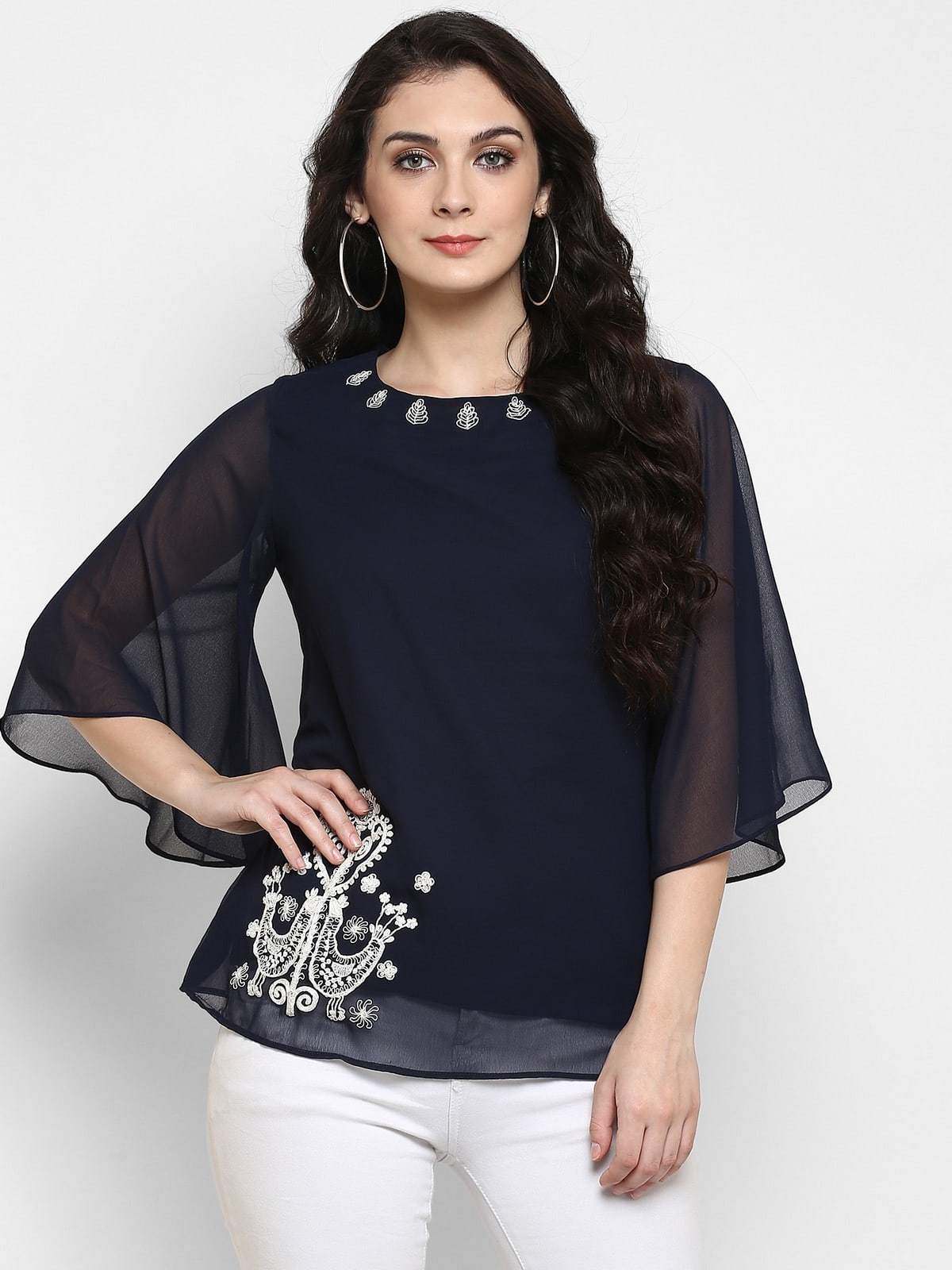 Women's Navy Blue Embroidered Sheer Top - Pannkh