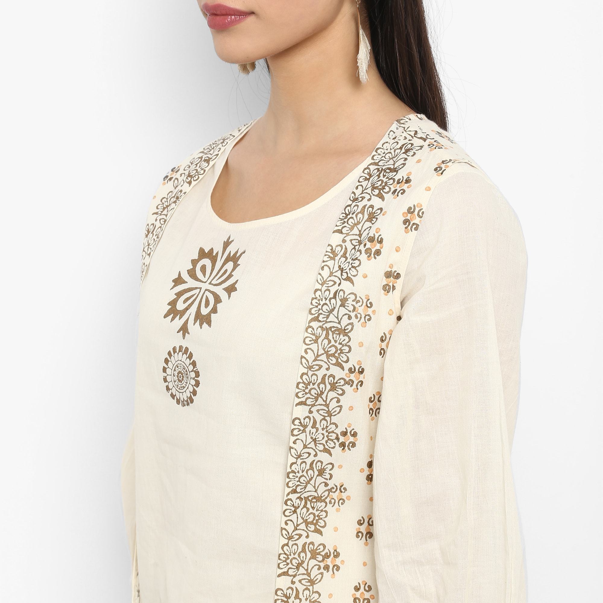 Women's Block Printed Top With Waistcoat - Pannkh