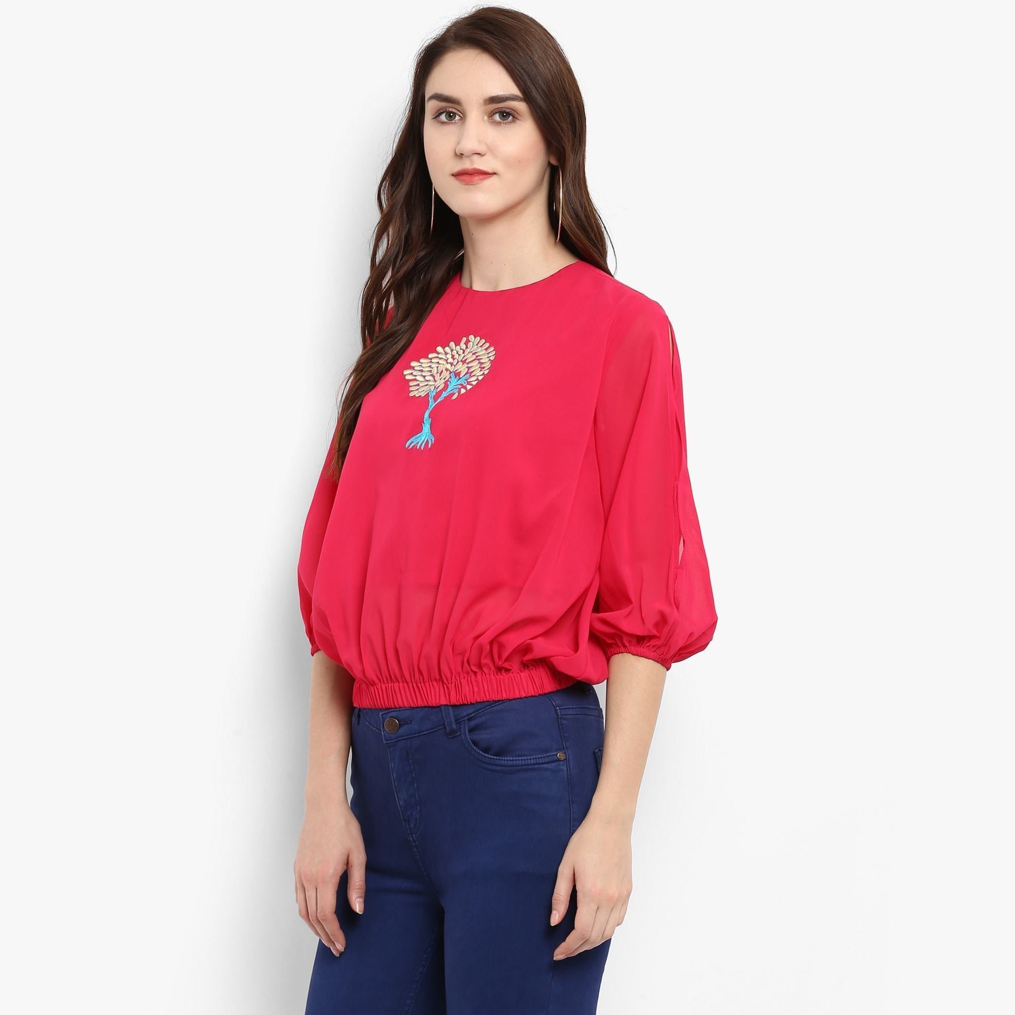 Women's Solid Embroidered Balloon Top - Pannkh