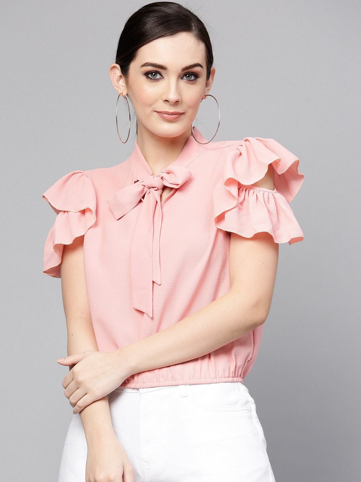 Women's Solid Ruffle And Tie-Up Top - Pannkh